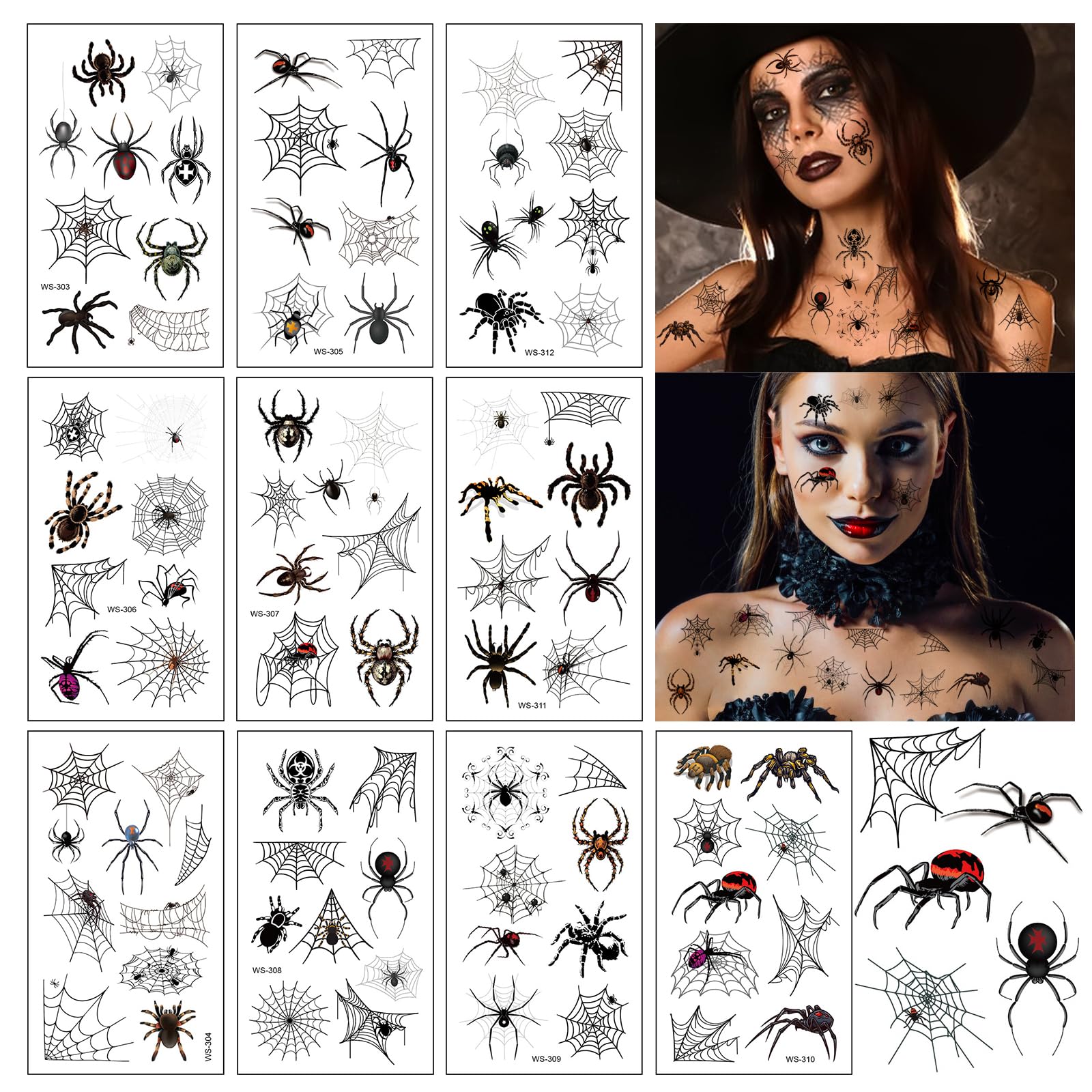 Tatuaggi temporanei 10 fogli Adesivi di Halloween Ragnatela