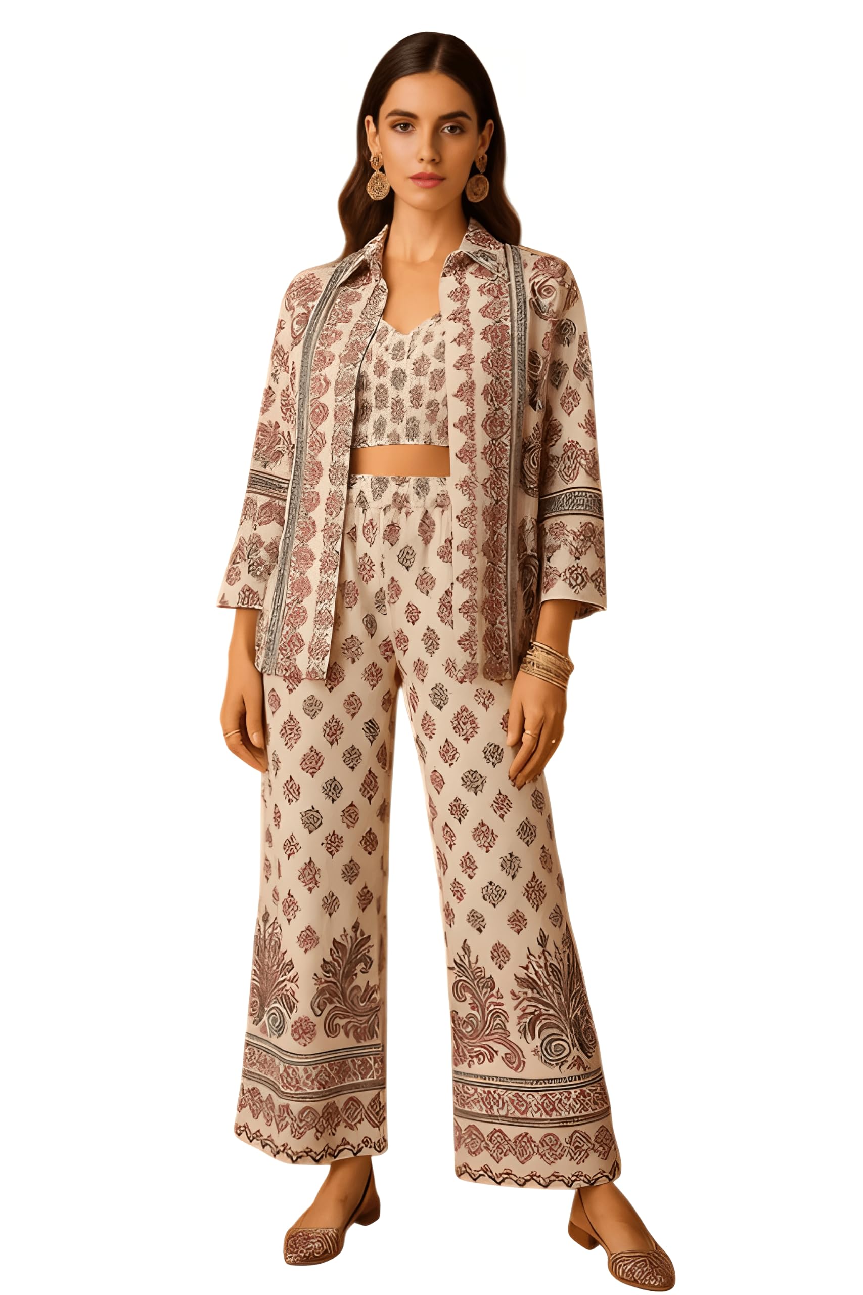Women's Ethnic Printed Co-Ord Set, White, Free Size, Soft Cotton Blend, Floral Print, 3-Piece Set with Shirt, Croptop and Trousers, Full Sleeve, Machine Wash-picture-46