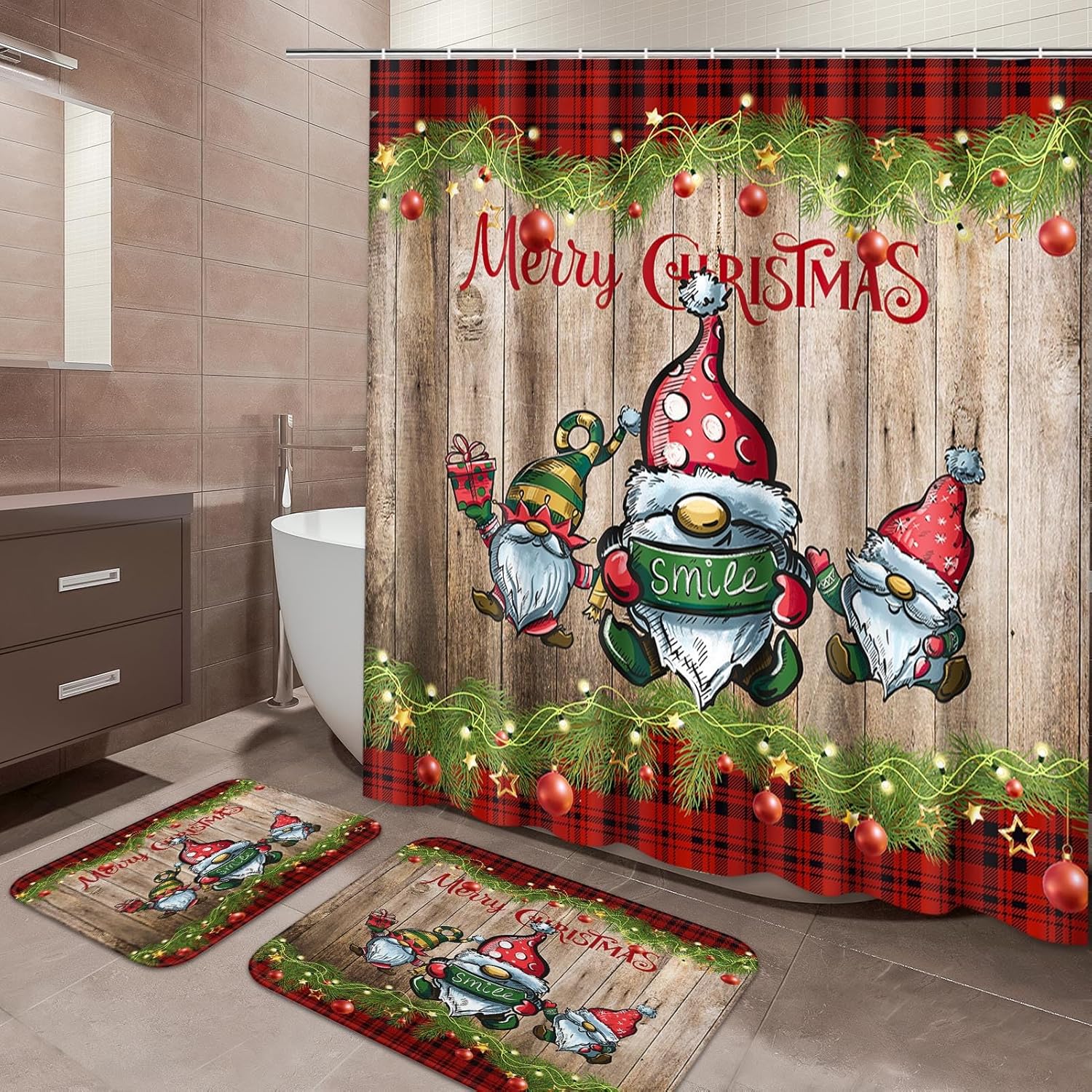Christmas Gnome Bathroom Sets with Shower Curtain and Rugs