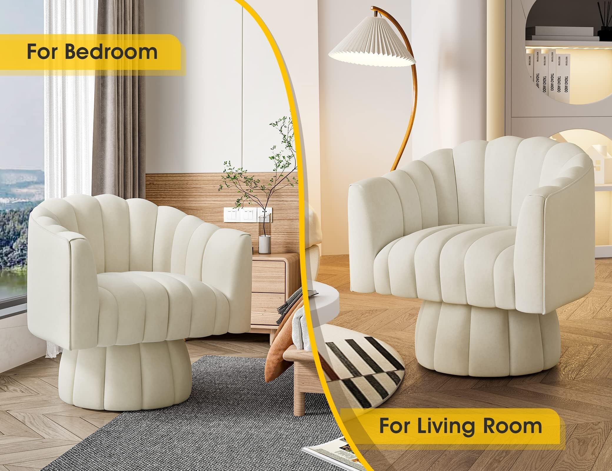 Poltrone rotonde con ampia imbottitura, in morbido tessuto di velluto, per soggiorno, camera da letto, ufficio, sala d'attesa (beige-velluto)