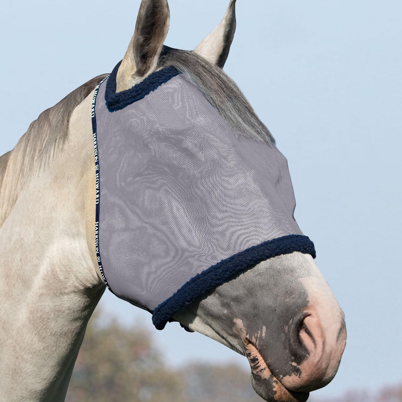 Harrison Howard Máscara de malla redonda para mosca de caballo, protección UV con borde acolchado de forro polar, color gris, talla L