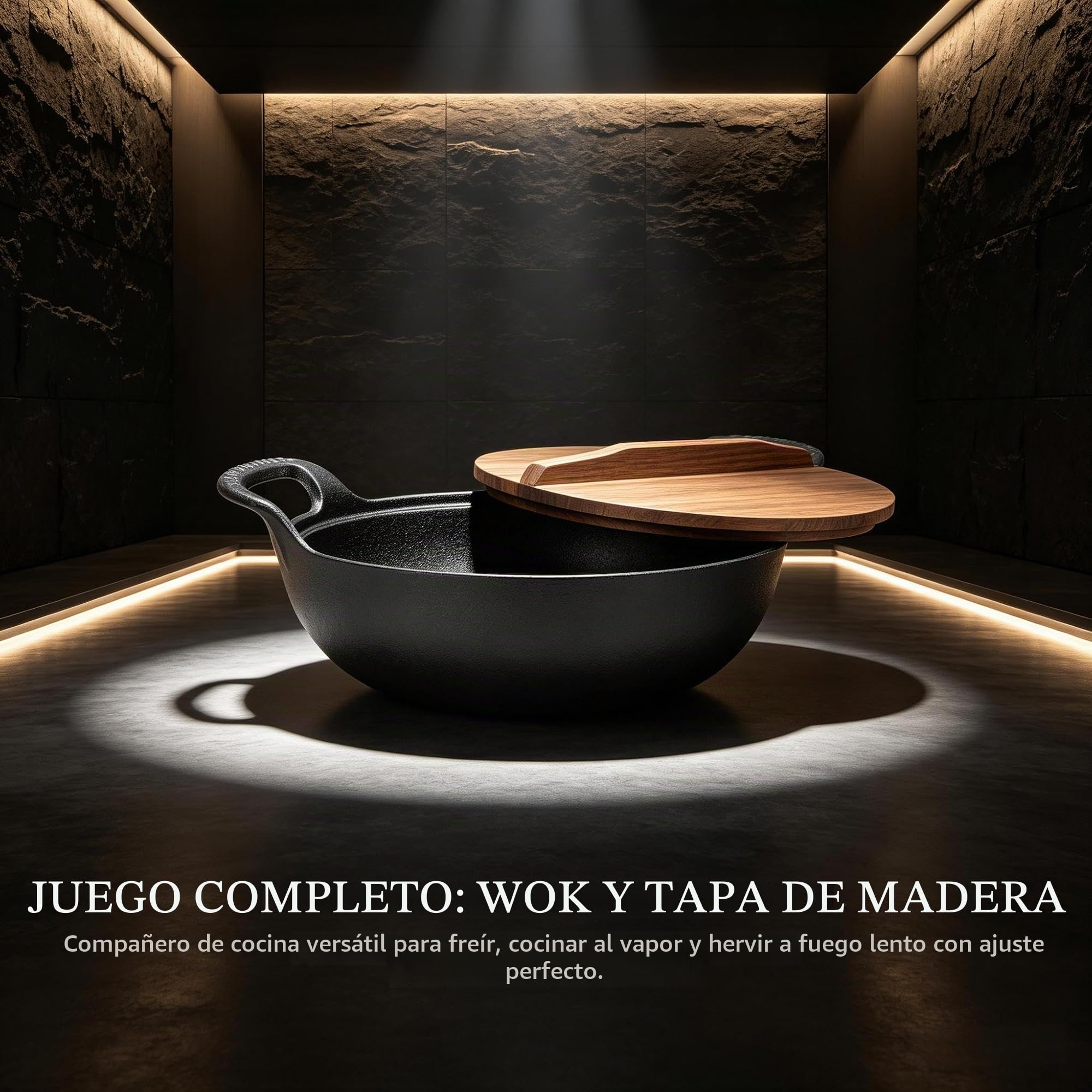 Sartén Wok con Tapa, Wok de Hierro Fundido con 2 asas, Tapa de Madera, sartén con Base Plana, sin Revestimiento, para saltear, Parrilla, Vapor, auténtica Comida China (20cm)