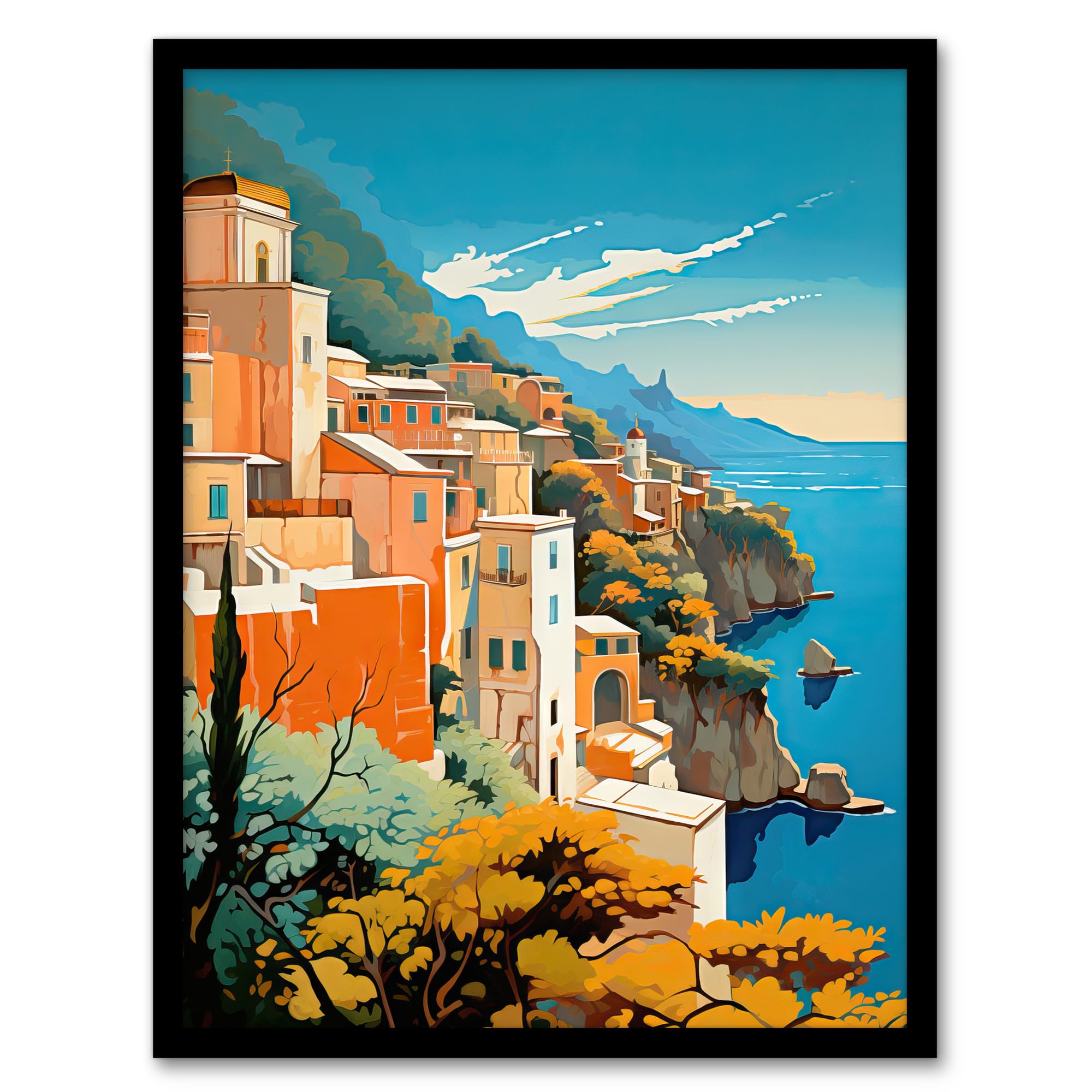 Artery8 Amalfi Coast Artwork Italy Cliffside Villages Overlooking Azure Mediterranean Sea Artwork Framed Wall Art Print A4