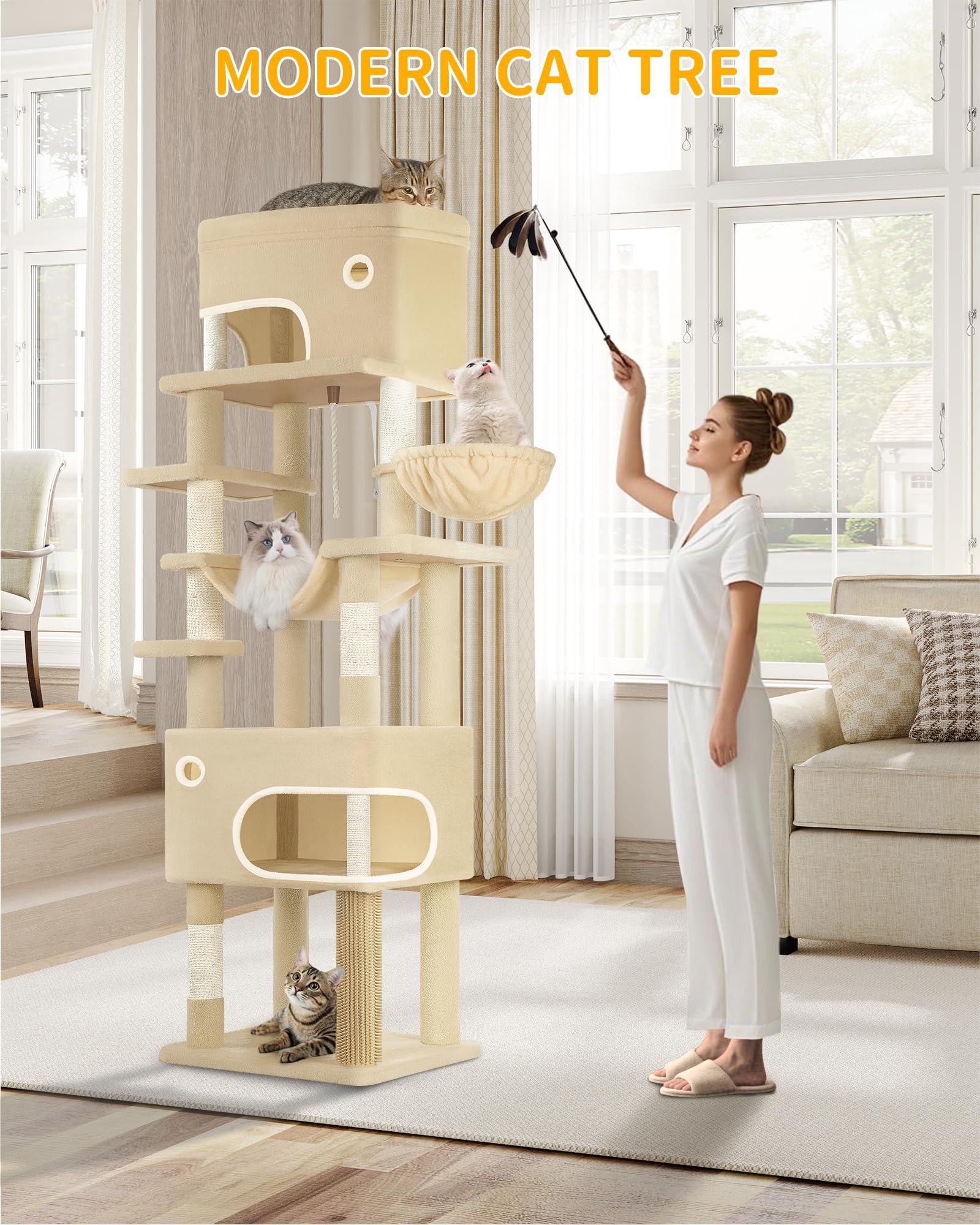 Hzuaneri Kratzbaum, 203 cm Katzenbaum mit Großer Plattform, Beige