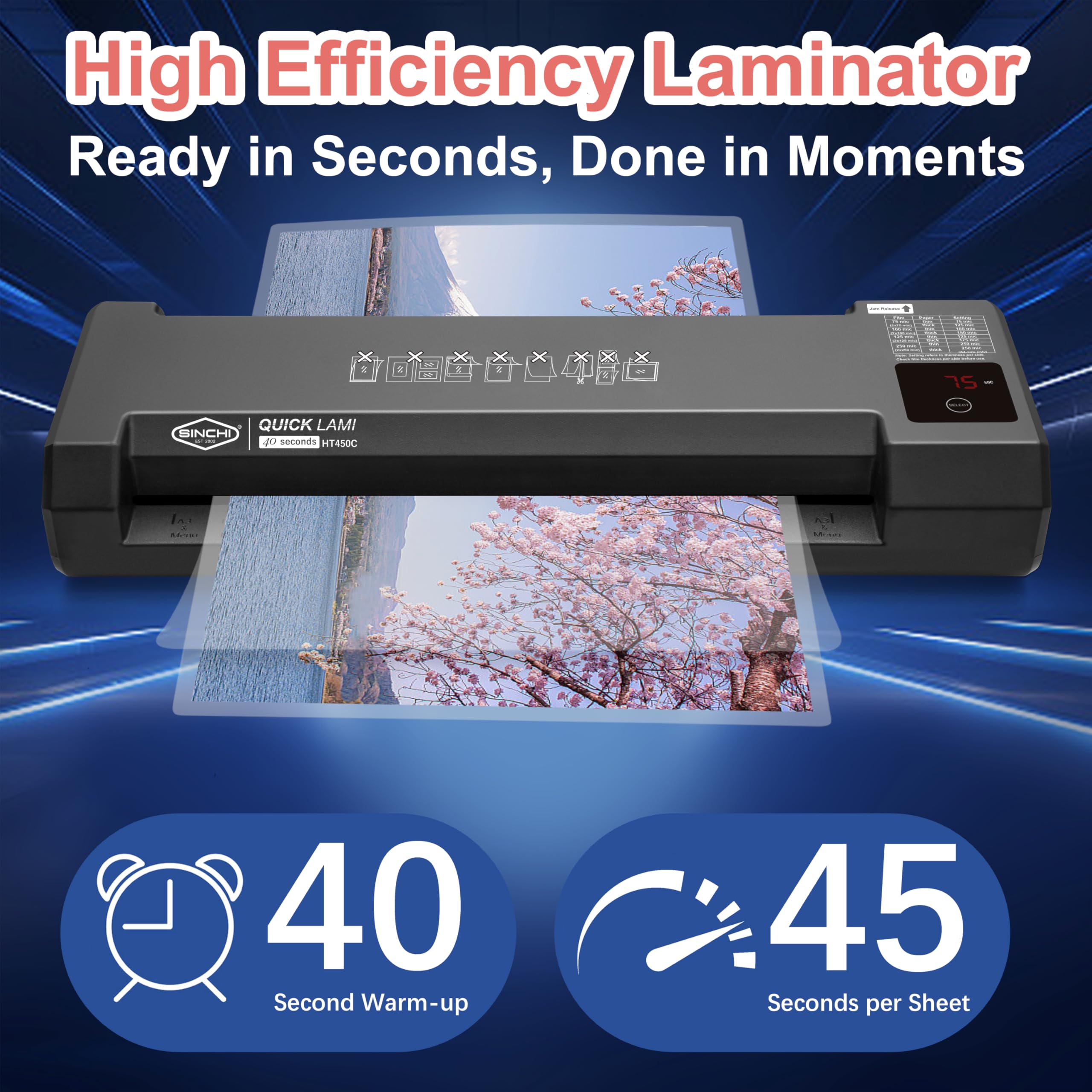SINCHI A3 Thermal Laminator & Foil Applicator | 40s Warm-Up, 45s/Page | 4 Rollers, 75250 Mic | LED Touch Panel, Jam Release, Auto Shut-Off, 10 Pouches & 1 Cleaning Paper, for Office, School & Crafts - Image 2