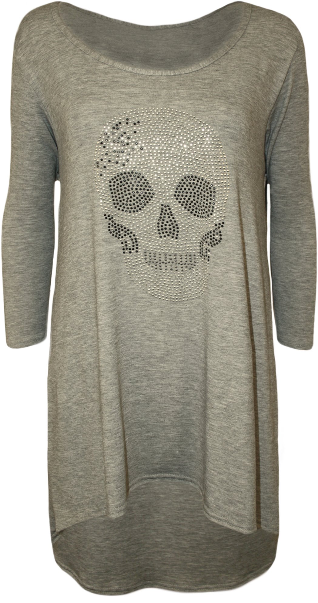 WearAll Womens Plus Size Skull Tail Back Dip Hem Ladies Long Scoop Neck Sleeve Top - Light Grey - 26/28
