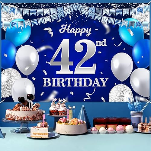 Vista 379 de Cartel de feliz cumpleaños número 31, globos azul marino, bandera de confeti a rayas, puntos de luz, saludos a 31 años, decoración temática