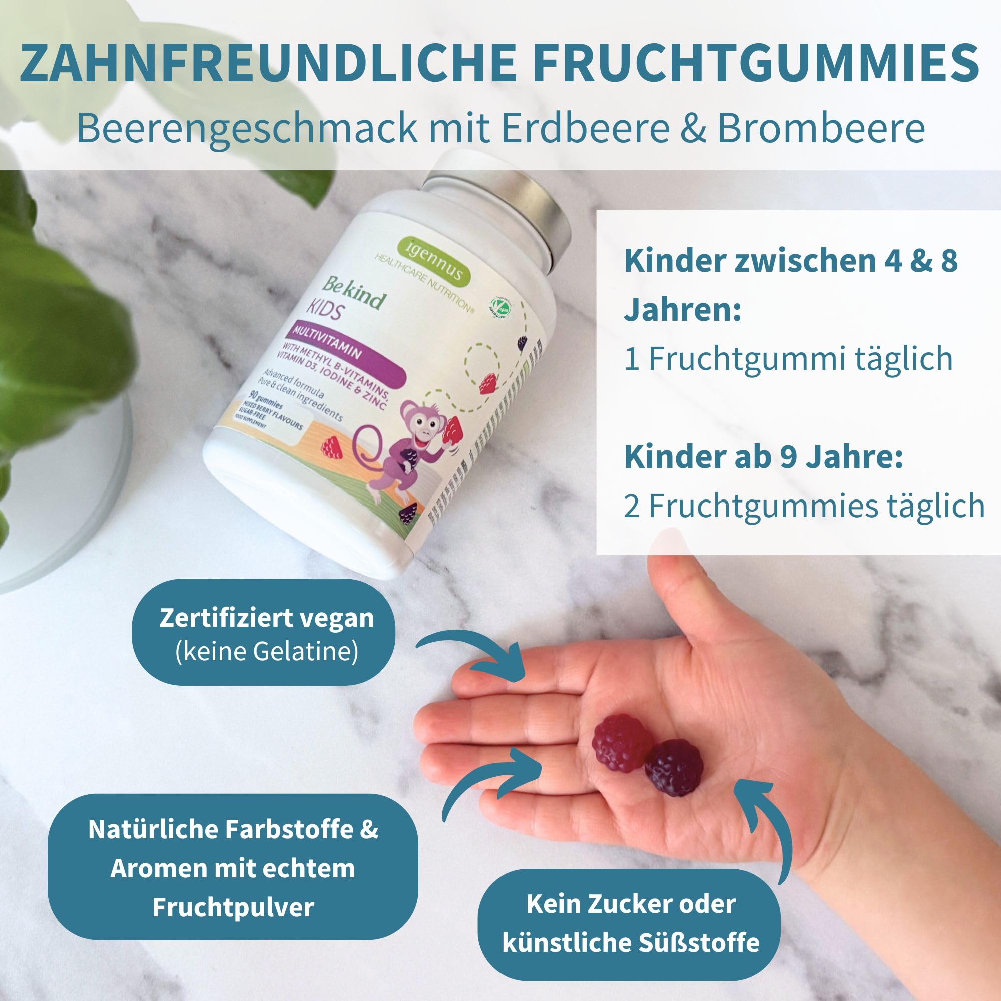 Methylierte Multivitamin Fruchtgummis für Kinder, aktive B-Vitamine, 90 Stück, Clean Label, zuckerfrei, ab 4 Jahren, Beerengeschmack, vegan, ohne künstliche Süßstoffe & Aromen, von Igennus