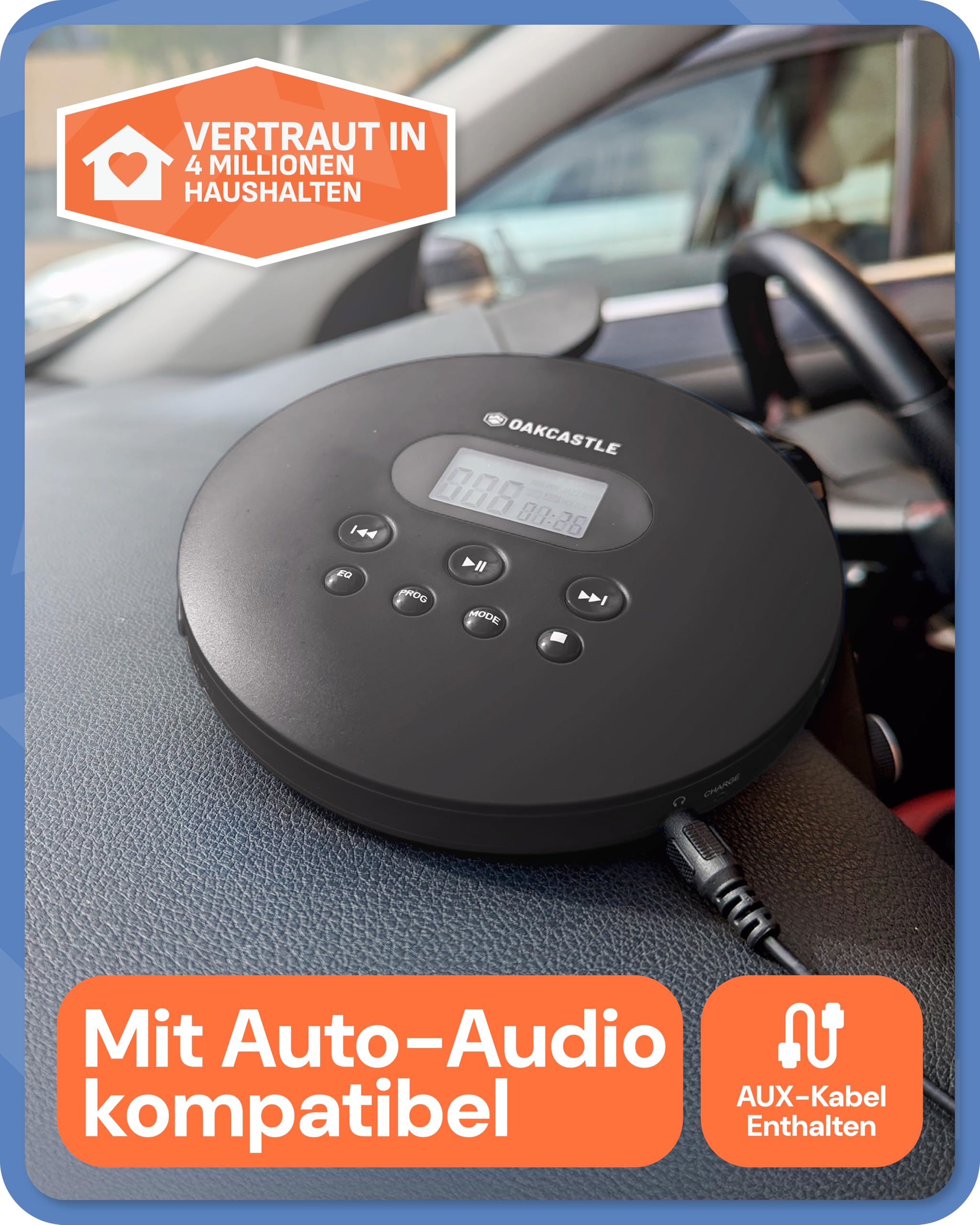Oakcastle CD100 Rechargeable Bluetooth CD Player | 12hr Portable Playtime | In Car Compatible Personal CD Player | Headphones Included, AUX Output, EQ, CD Walkman (Schwarz)