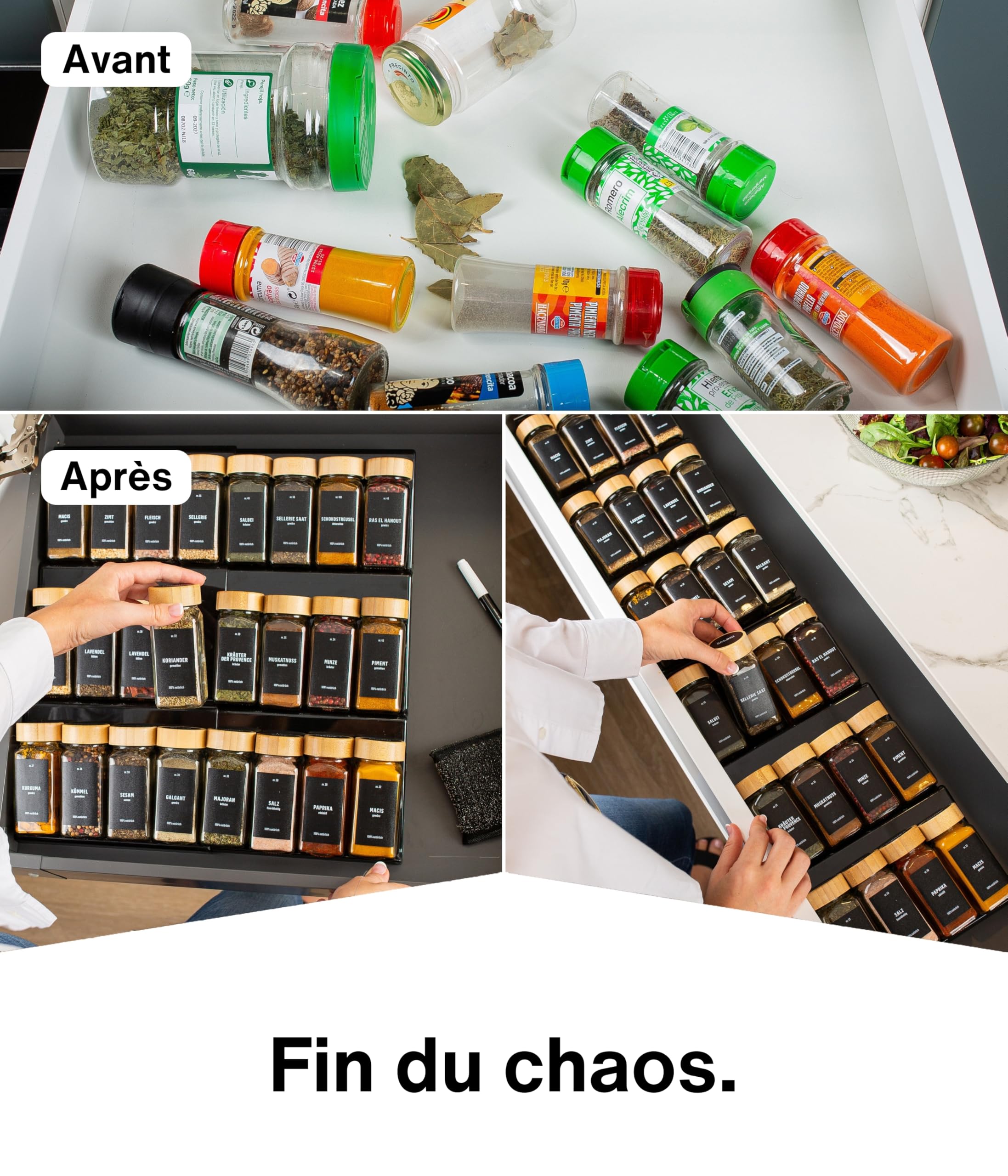 Deco haus® Range epices cuisine tiroir avec Pots Lot de 24 avec Étiquettes - Rangement épices tiroir - Organisateur epice Grande Capacité Extensible