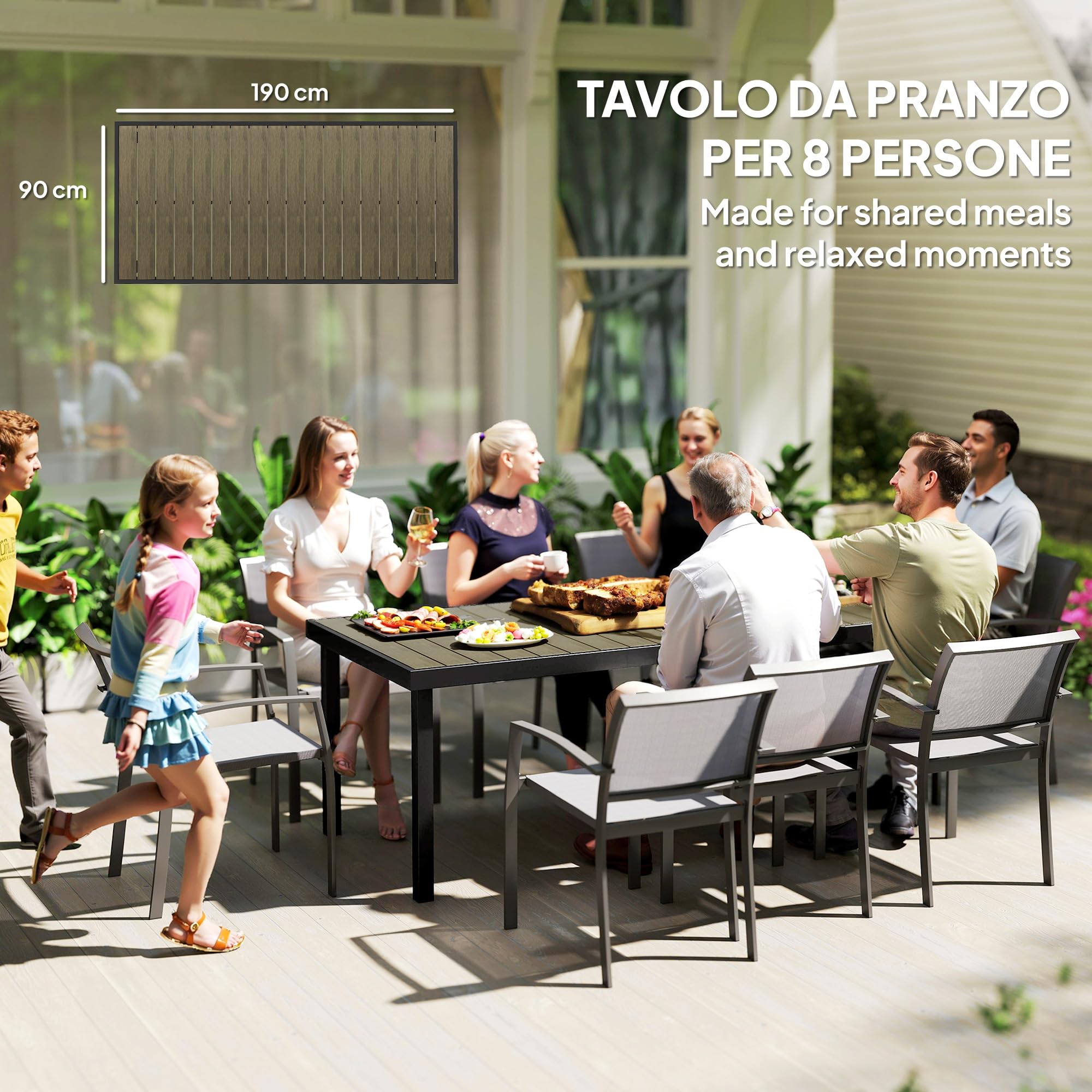 Outsunny Tavolo da Giardino con Piano Effetto Legno 190x90 cm per 8 Persone, Tavola da Pranzo da Esterno Rettangolare in Alluminio e Plastica, Per Patio, Terrazzo, Balcone, Effetto Legno Marrone