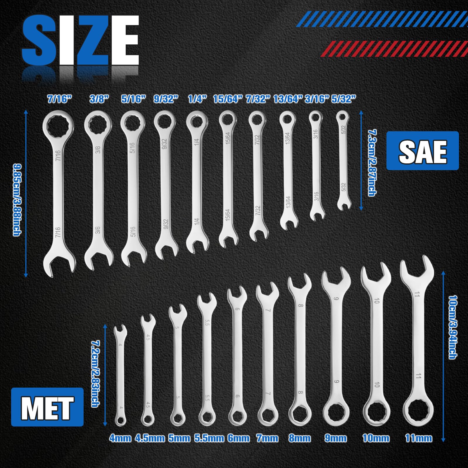 20 szt. ultracienkich metrycznych mini kluczy płasko-oczkowych SAE – 4 mm-11 mm i 5/81.3 cm-7/40.6 cm ze stali nierdzewnej z 2 szt. gumowanych stalowych zamków kablowych i etui do