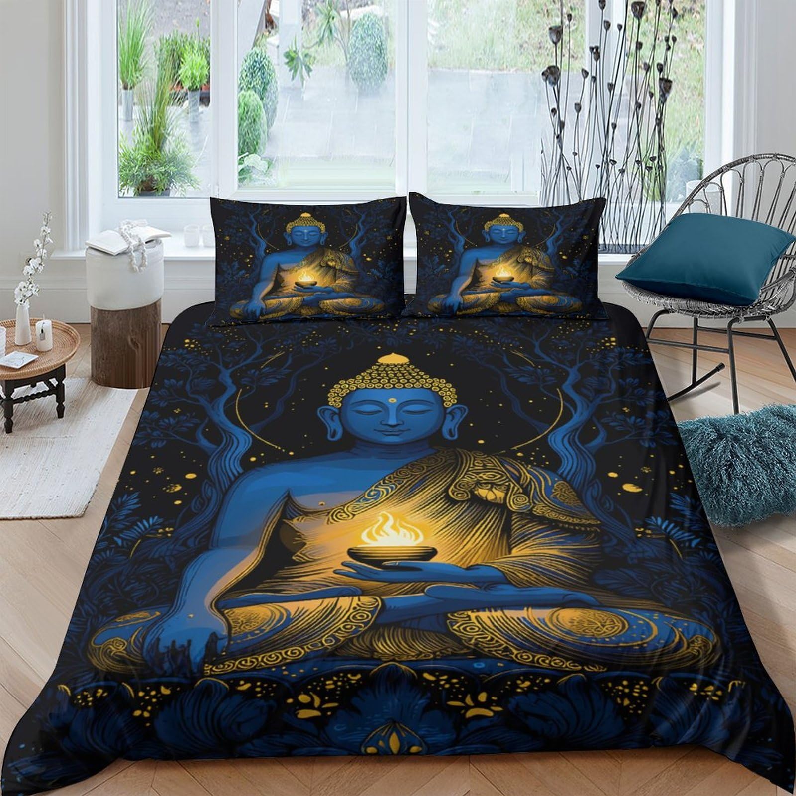 Ctjqhvkz Style-7 3D Printed Blue Buddha Fitted Sheet Microfiber Artistic Yellow Lotus Mattress Cover For Bedroom Decor Protection Single（135X200cm）
