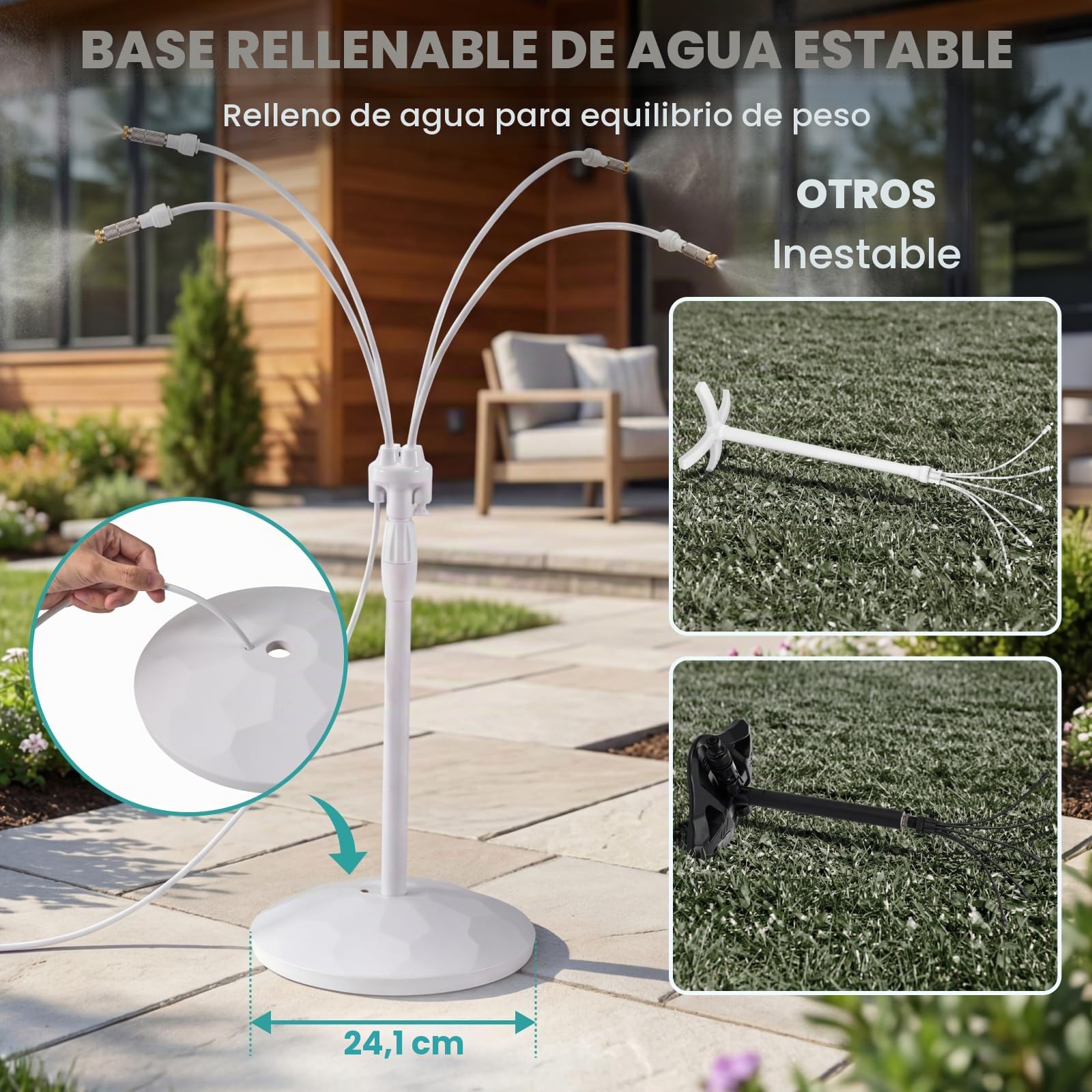 HIRALIY Nebulizador Terraza Exterior con Base Rellenable, Sistema Antivuelco para Jardín, Mascotas y Plantas, Altura Ajustable 60-97cm, Manguera 8m, Blanco