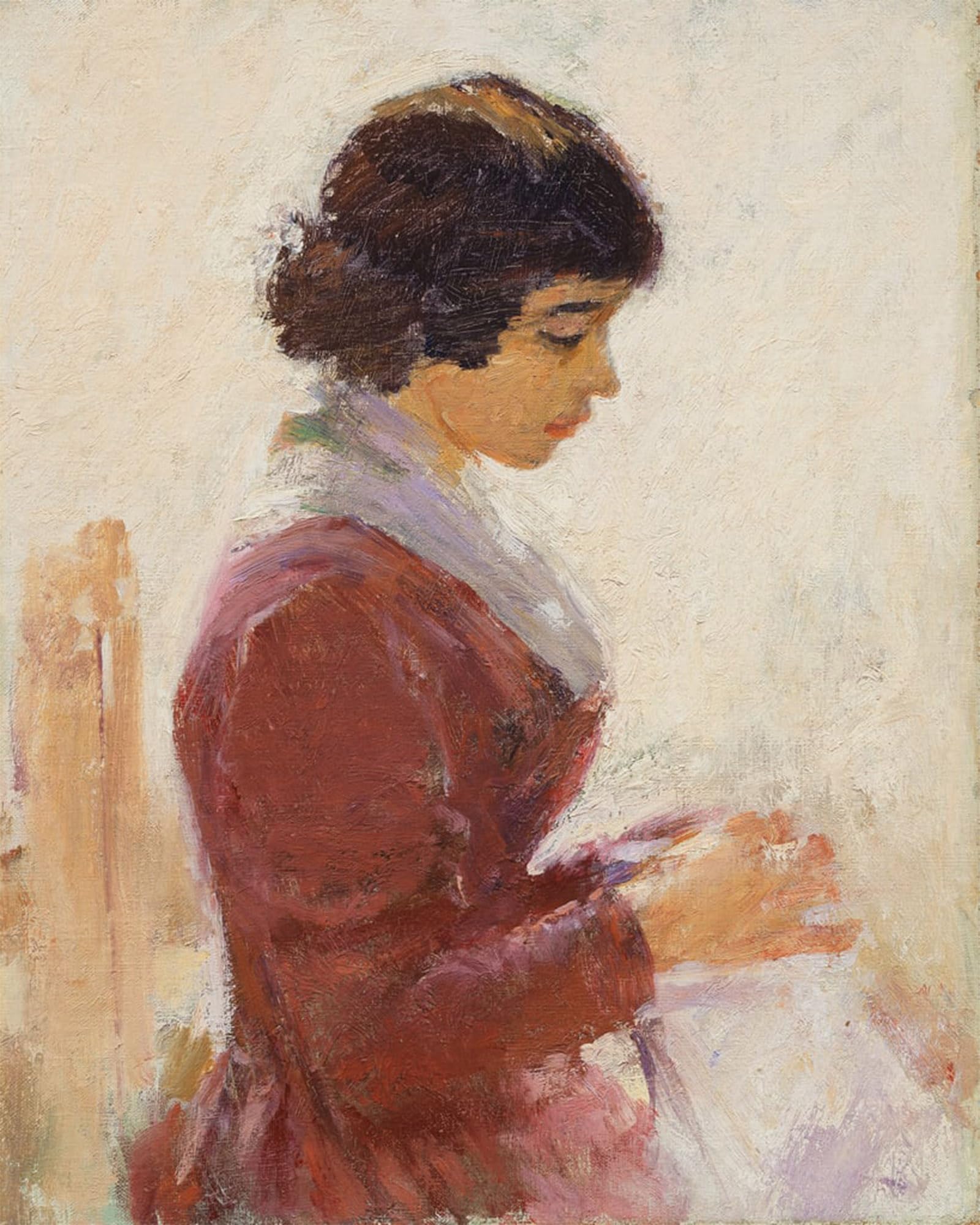 SERENDIPITP Abstract Painting Mural Print Picture Wall Decor Painting Girl in Red Sewing by Theodore Robinson Vintage Wall Artwork for Home Decor 60x90cm