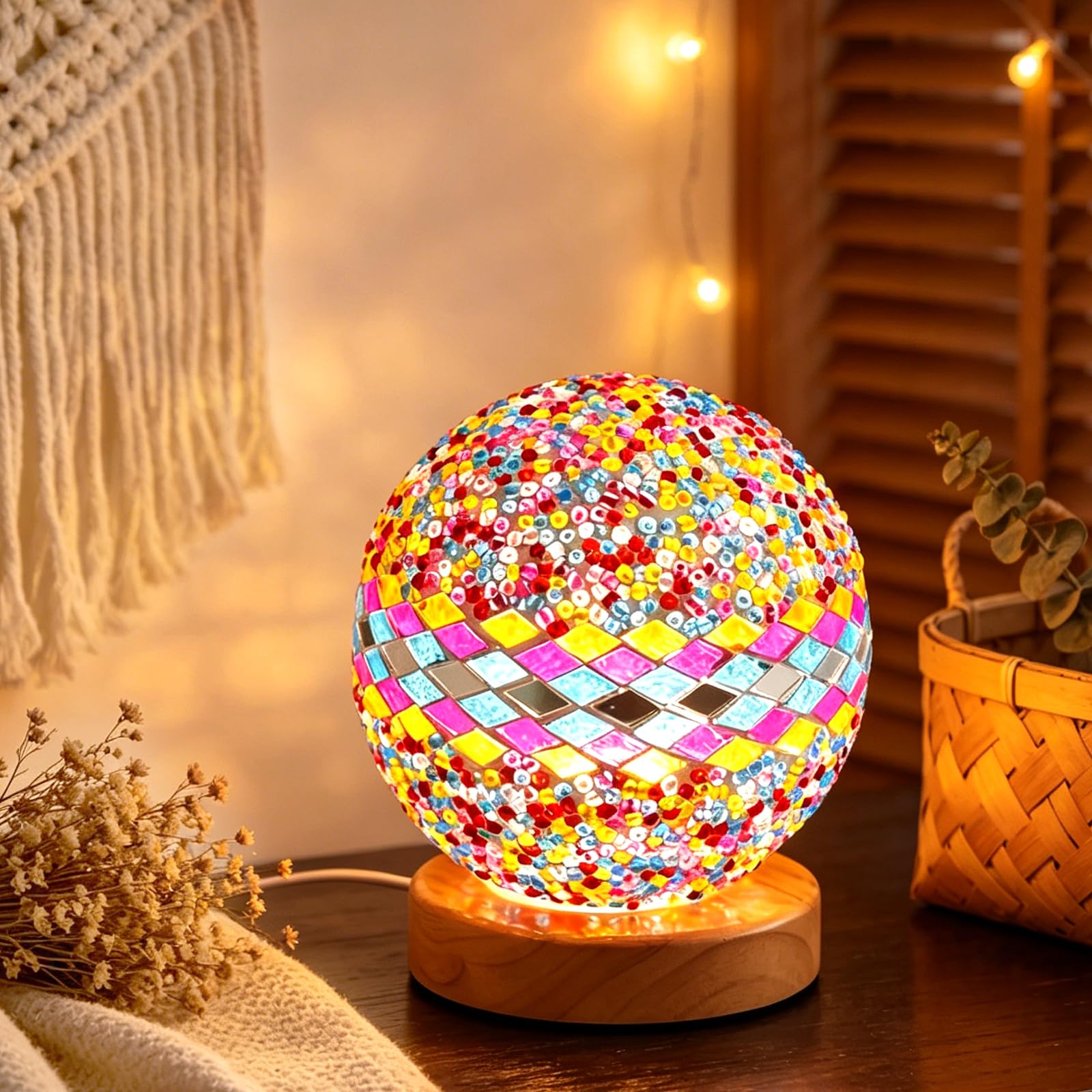 Mediterranean Pink Mosaic Table Lamp Vintage Colorful Glass Table Lamp USB Power Dimmable Decor Light for Home Theater Birthday Gathering Children's Room Atmosphere Lighting Unique Home Gift