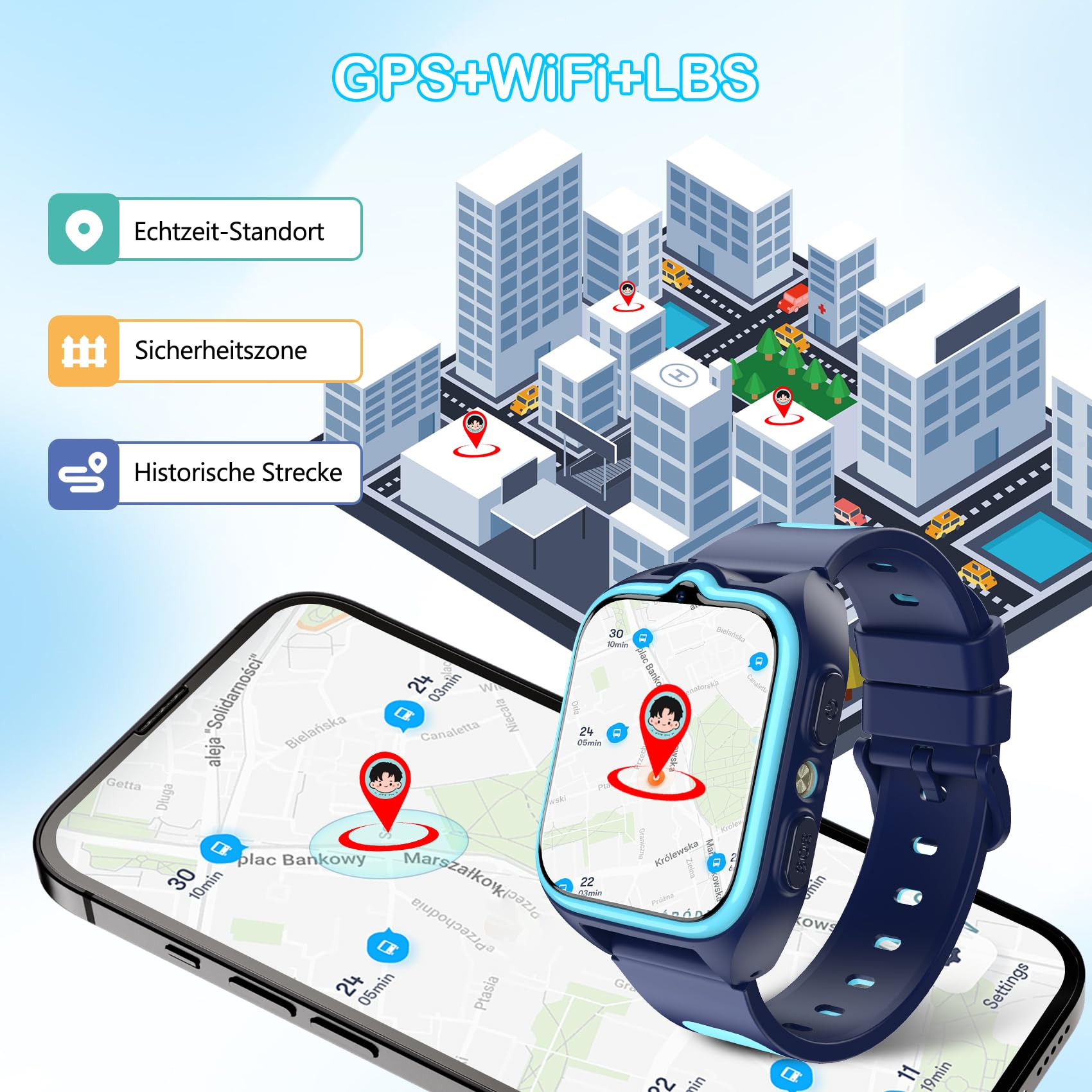 IOWODO Smartwatch Kinder mit GPS, 4G-Anruffunktion & SOS-Notruf, 800mAh Akku, Wasserdicht IP67, Schulmodus
