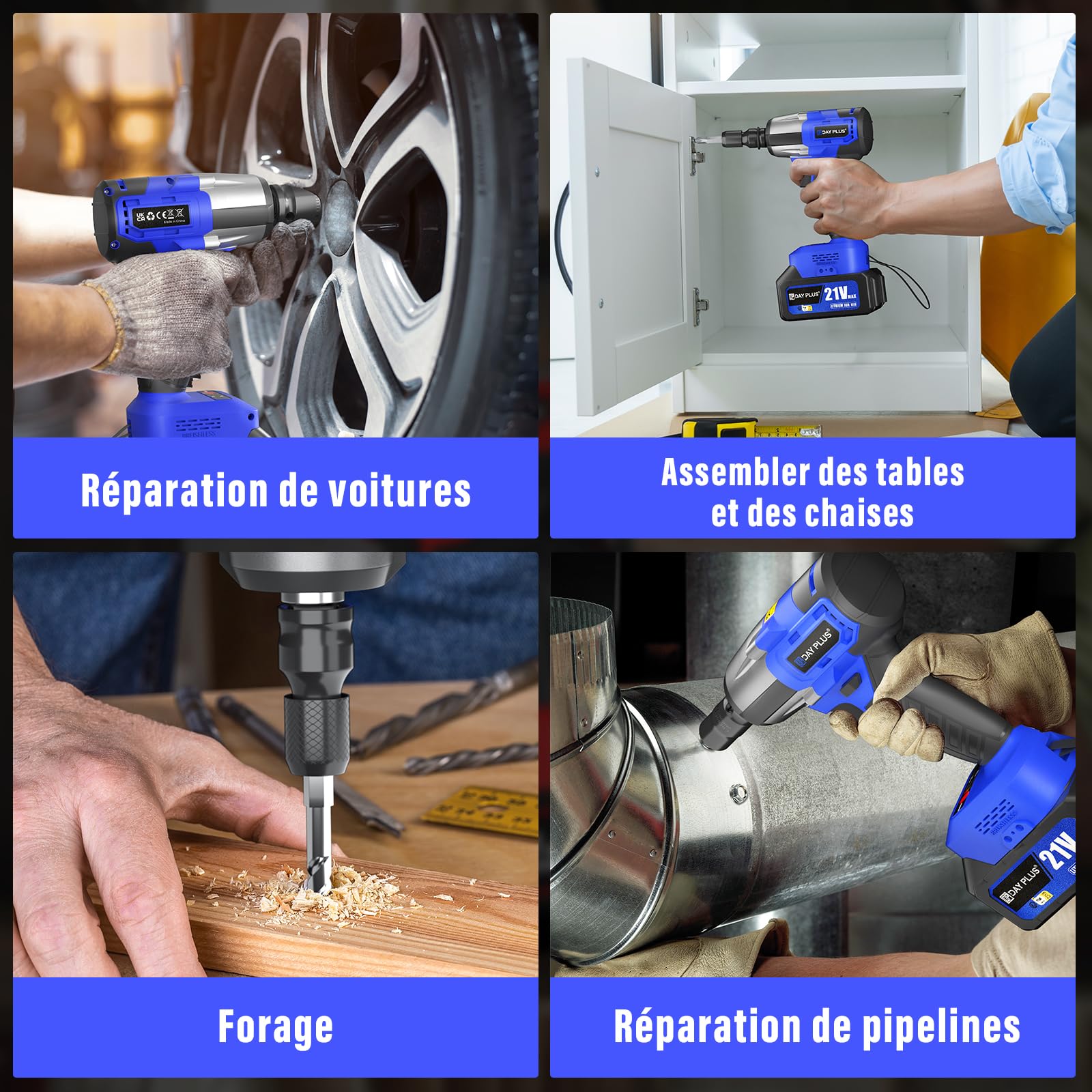 Clé à Chocs Sans Fil Brushless, 550Nm Boulonneuse à Choc Electrique, avec 2 Batterie 4.0Ah, Visseuse à chocs Fréquence d'impact 2500RPM, avec 4 Douilles à Chocs et 12 Accessoires pour Perceuses