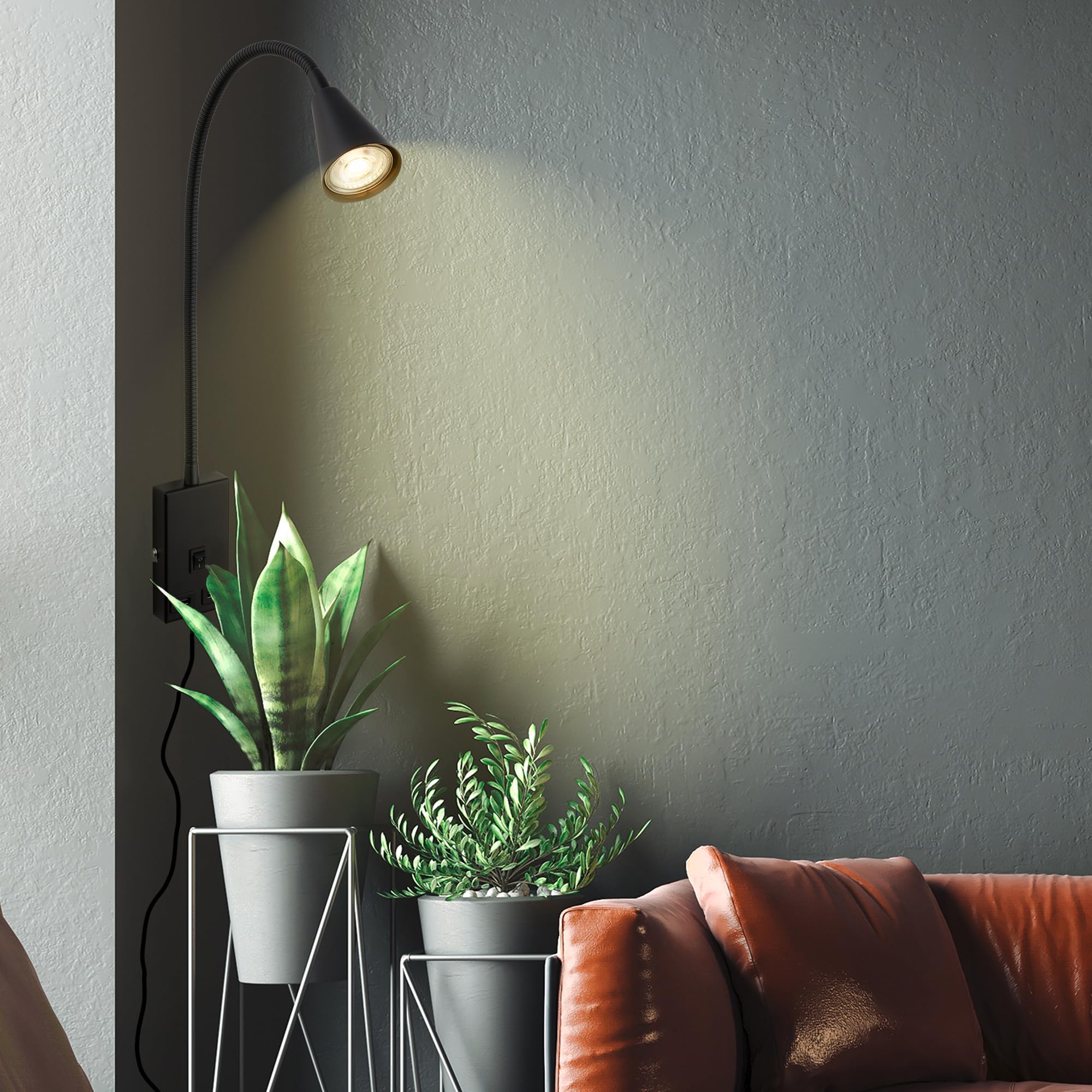 Briloner - Lámpara de lectura con puerto USB, interruptor on/off, giratorio, enchufe, aplique de interior, lámpara de pared, lámpara de cama, 50 cm de altura, negro