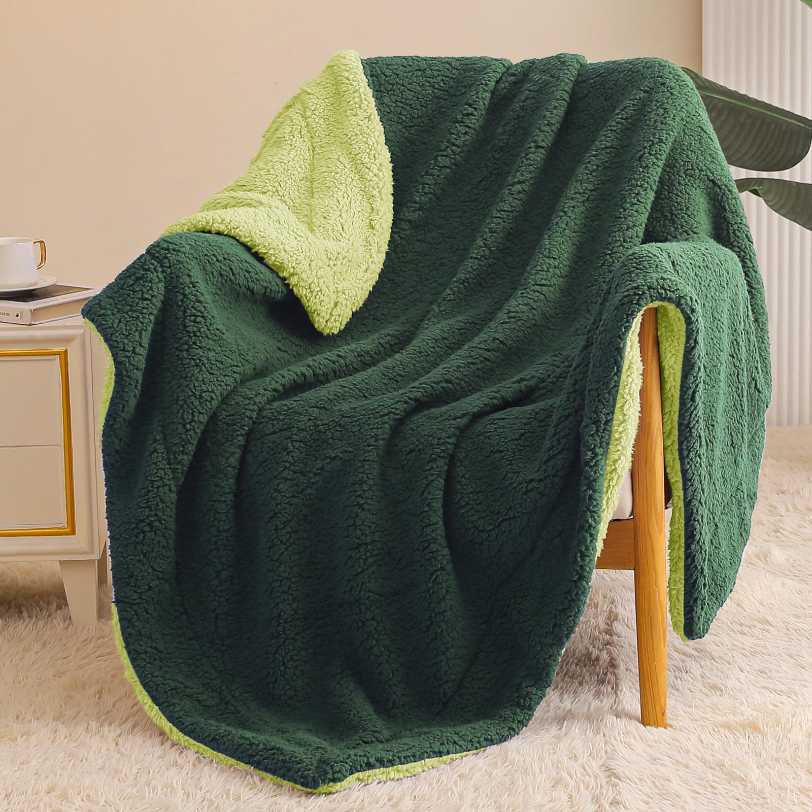 Exclusivo Mezcla Manta Polar Mullido, Gruesa y Reversible, para Cama y Sofá, Cálida y Suave, Todas Las Estaciones, 130x150 cm, Verde Oscuro/Verde OEKO-TEX STANDARD 100