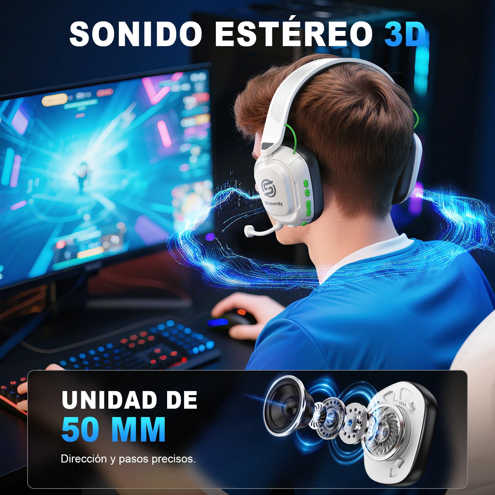 VK84 Cascos Gaming Inalambricos para Ps4, Ps5, PC, Mac, Switch, Auriculares Gaming con Micrófono con cancelación de Ruido, Cascos de Juego Bluetooth 5.4, Blanco Y Negro Brillante