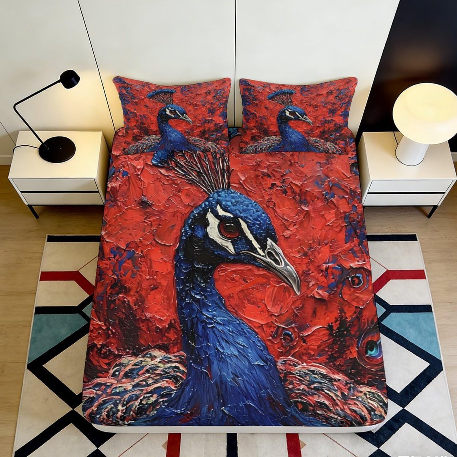 3D Printed Peacock Design Fitted Sheet Microfiber Deep Pocket Non-Slip Peacock Mattress Fitted Cover Full Wrap Bedding for Bedroom 120x200x25cm