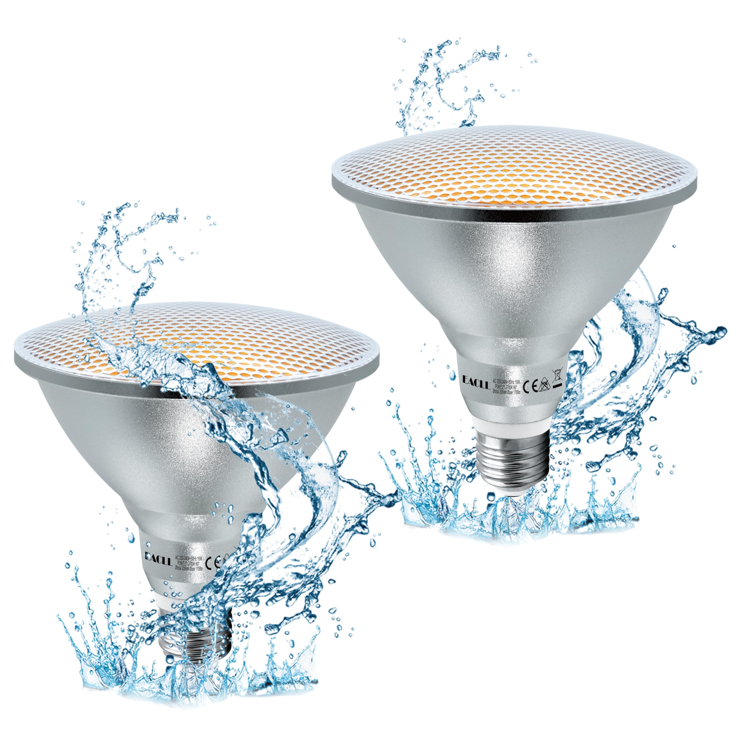 EACLL Pack of 2 E27 PAR38 LED Bulbs Warm White 18W Replaces Halogen Bulbs 120W 1700LM 2700K AC 230V Flicker Free Energy Saving Bulb IP65 60° Beam Angle Bulb