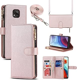 Jaorty Fit for Motorola Moto G Power 2021 Wallet Case,[9 Card Slots] Removable Adjustable Crossbody Necklace Lanyard Shoulder Strap Zipper PU Leather Case for Motorola G Power 2021 6.6 Inch,Rosegold