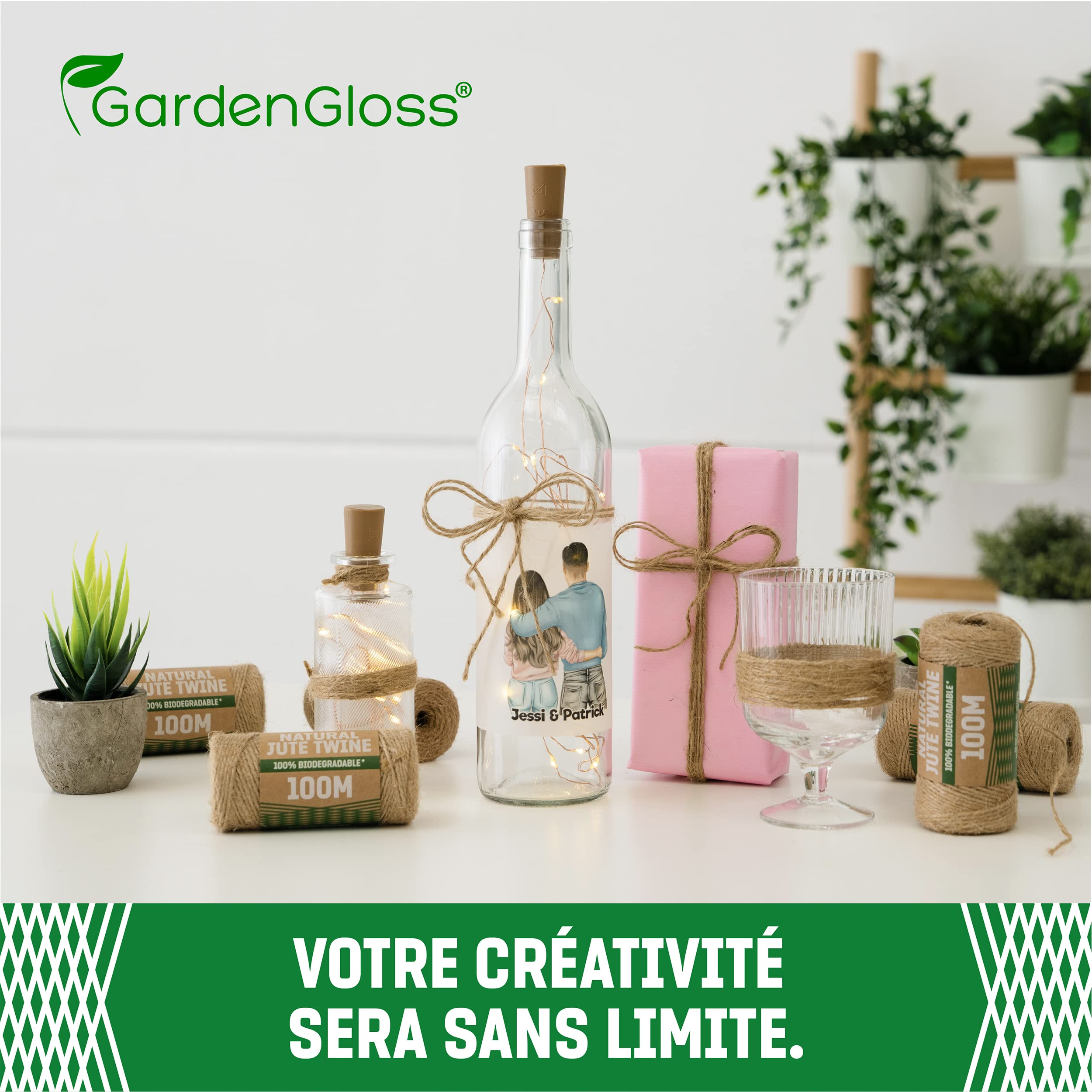 GardenGloss® Ficelle en Jute Naturelle – Ficelle à Deux Brins pour Le Jardin, Les Loisirs Créatifs, Le DIY et l'Emballage Cadeau (100 m de Long, 1 mm d'Épaisseur)
