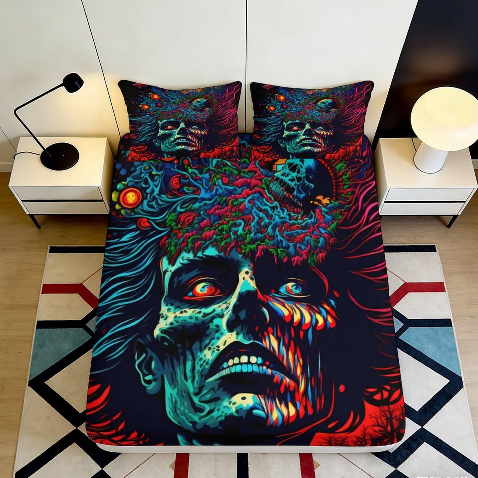 3D Printed Zombie Skull Fitted Sheet Microfiber Soft Breathable Psychedelic Face Bed Cover for Bedroom Dorm Decor 90x200x25cm