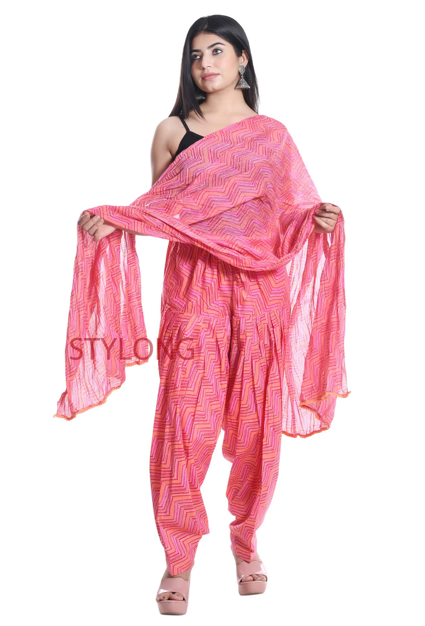 jaipuri Women's Regular Fit Cotton Salwar With Dupatta (RRMIXALL_Leheriya Peach_Free Size)-picture-12