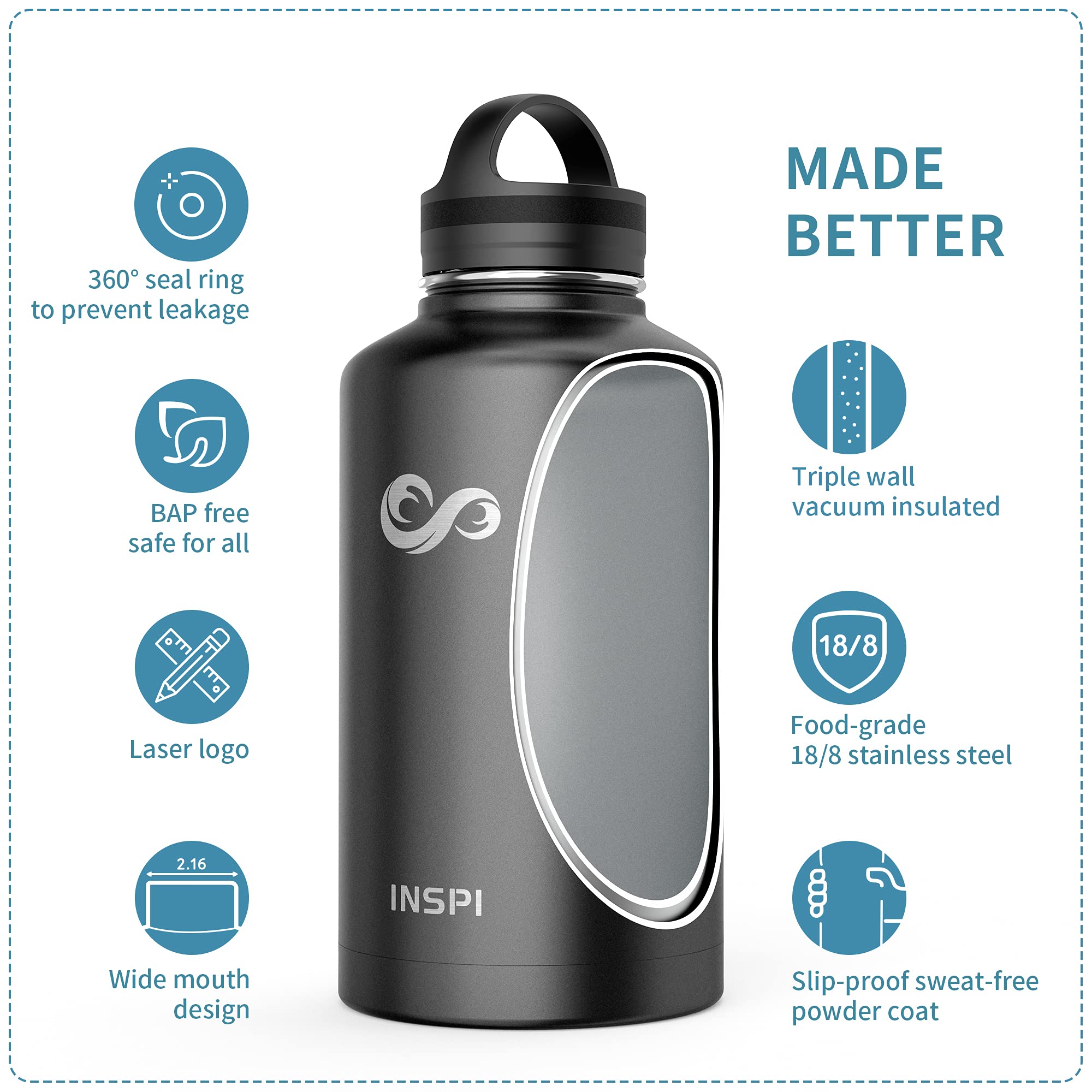 INSPI Isolierte Wasserflasche mit Strohhalm-Auslauf-Griff, 1,8 l, Edelstahl-Wasserflasche, 1,8 l, breite Öffnung, hält Flüssigkeiten für 48 Stunden kalt oder für 24 Stunden heiß, schwarz