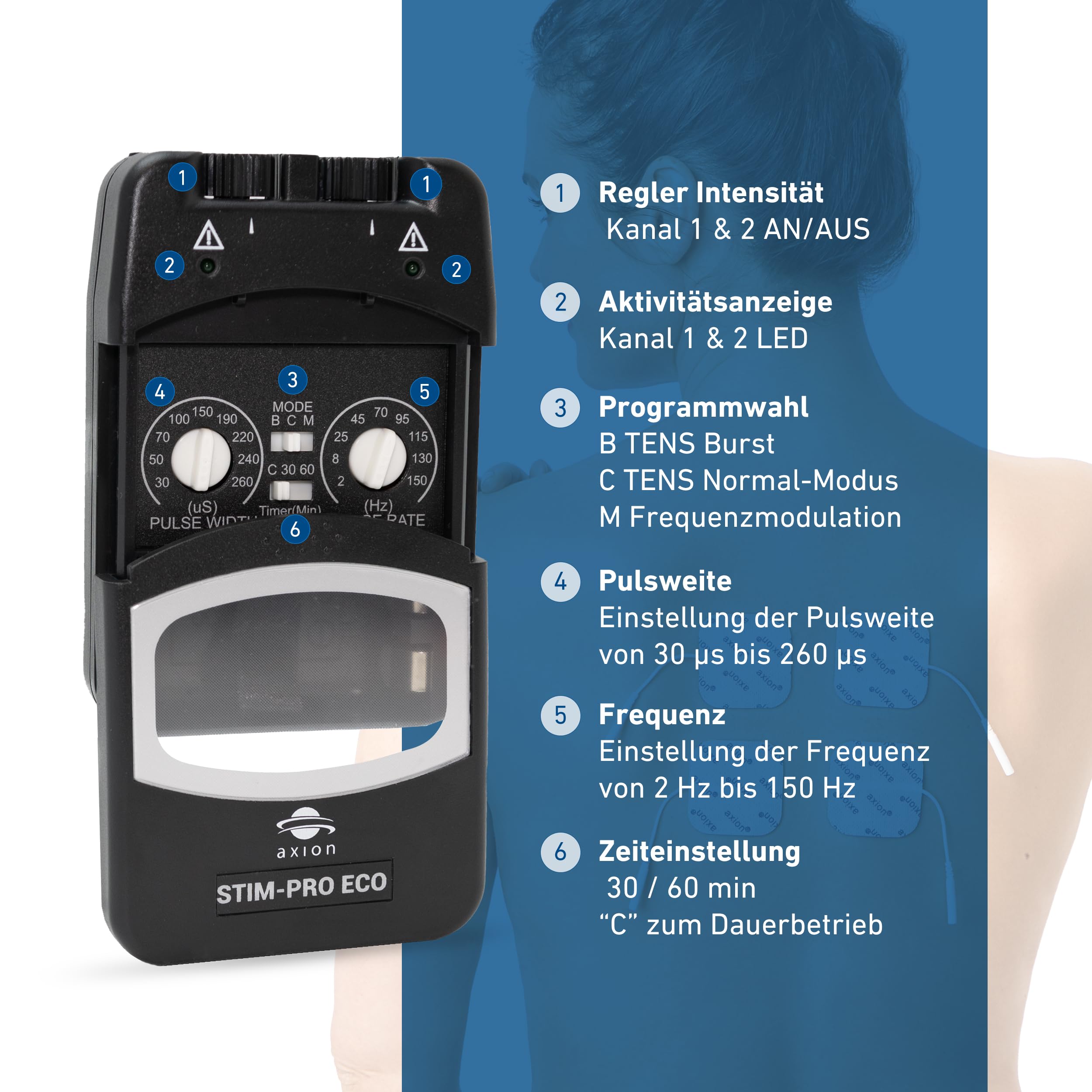 axion® TENS-Gerät zur Schmerztherapie STIM-PRO ECO - Medizinprodukt | Manuell einstellbares TENS-Gerät zur gezielten Reizstrom-Schmerztherapie mit 4 5x5cm Elektroden Pads & (9V Einwegbatterie)