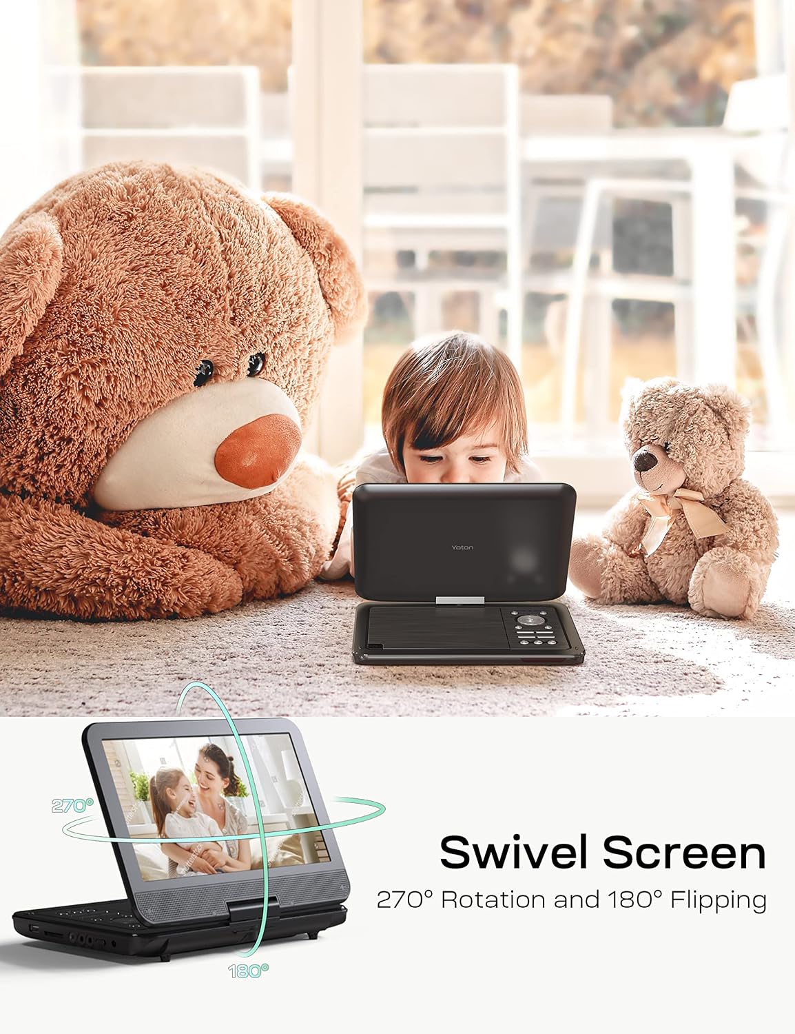 YOTON Portable DVD Player supporting multiple DVD formats, SD, and USB