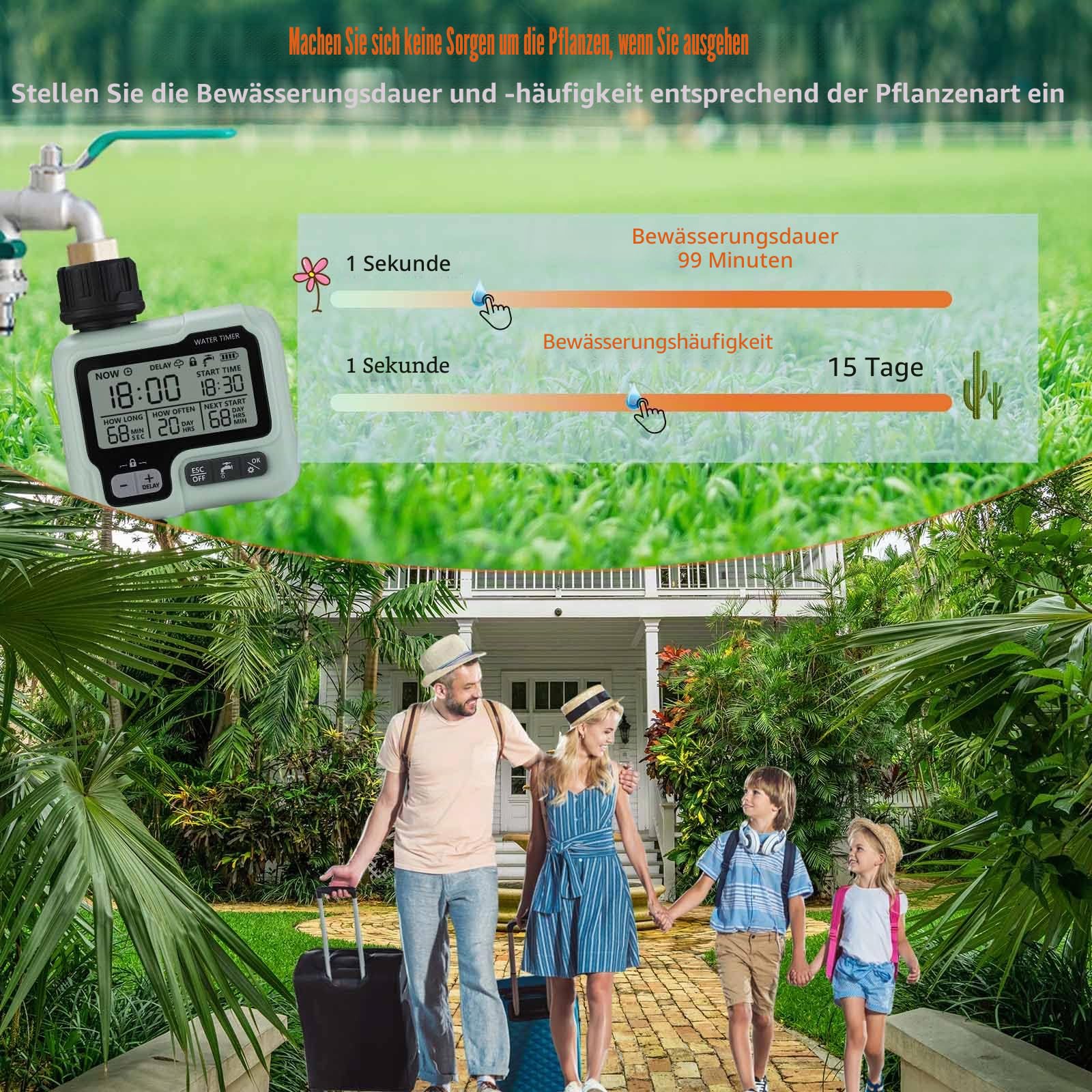 Bewässerungs-Timer Garten-Rasen-Wasserhahn Sprinkler-Timer Bewässerungssystem-Steuerung/Kindersicherungsmodus/Auto- und manueller Modus/Regenverzögerung/IPX5 wasserdicht
