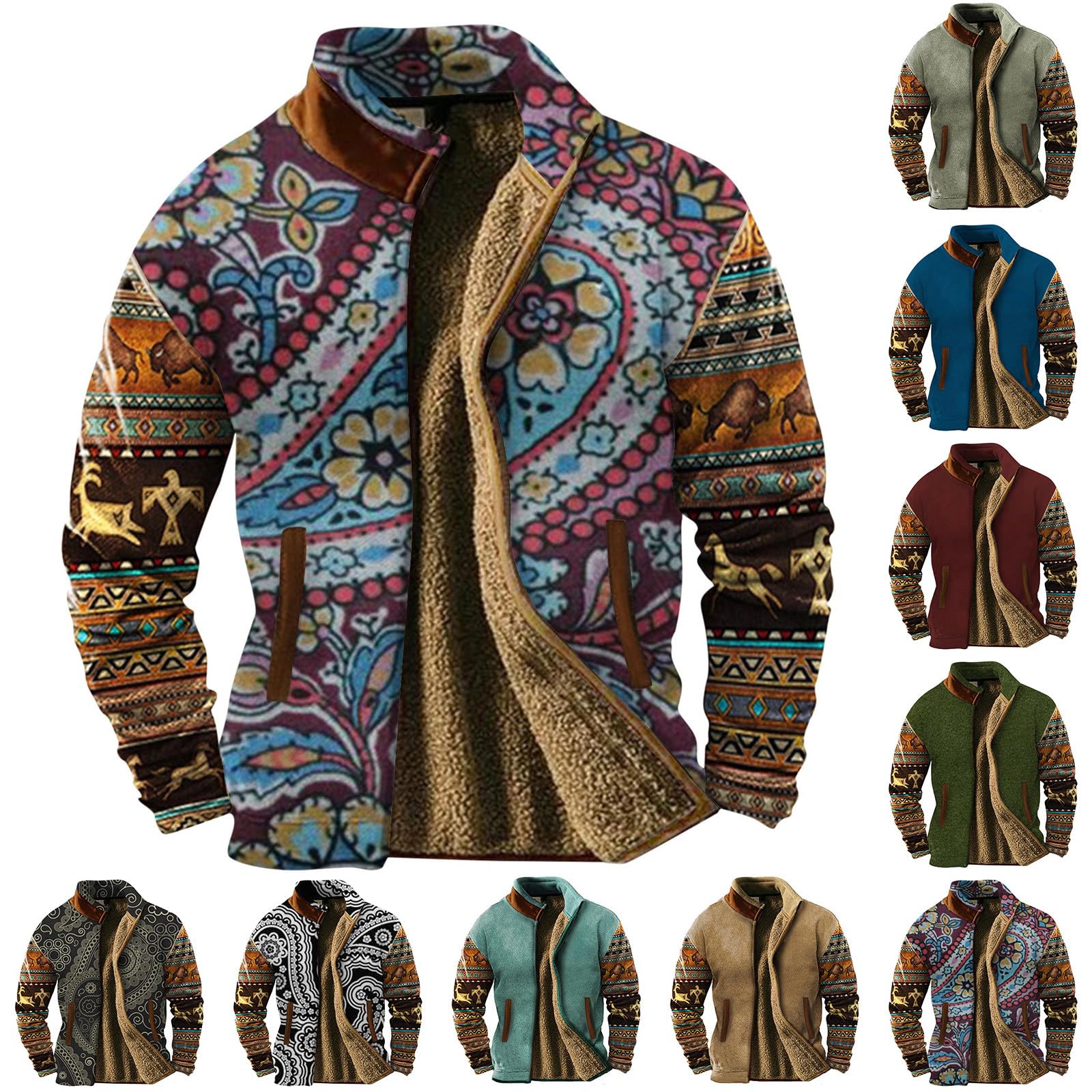 Generisch Outdoorjacke Herren Farbige Fleecejacke mit Kapuze, warm, Reißverschluss, lässiger Mantel Taschen für den Herbst