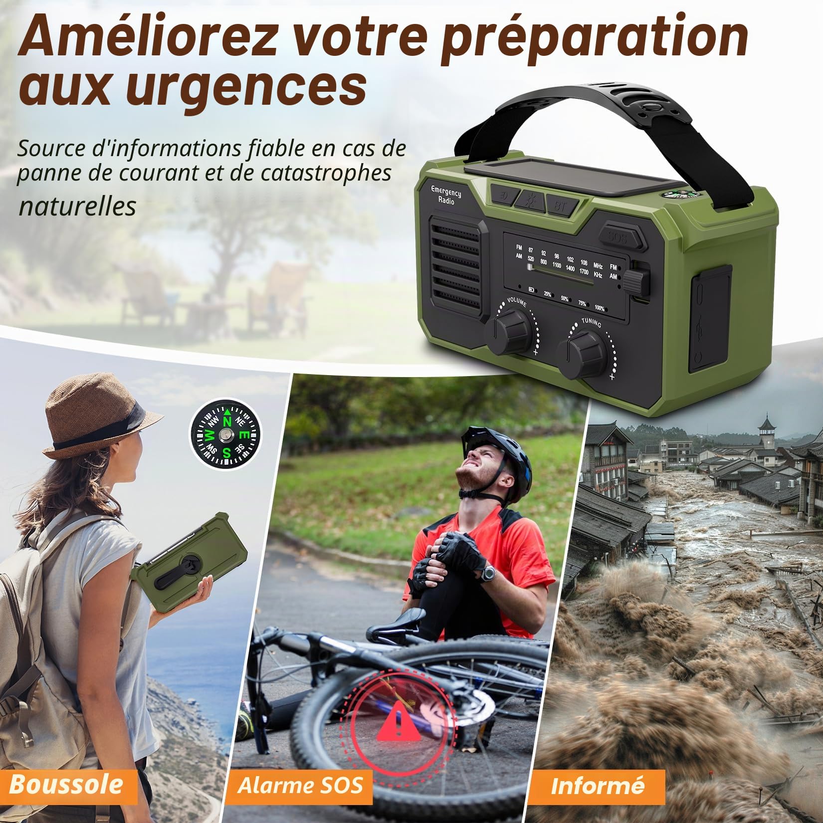 27000mAh Radio Survie FM/AM Solaire Bluetooth 5.3 Alarme SOS Boussole Lampe Dynamo Vert