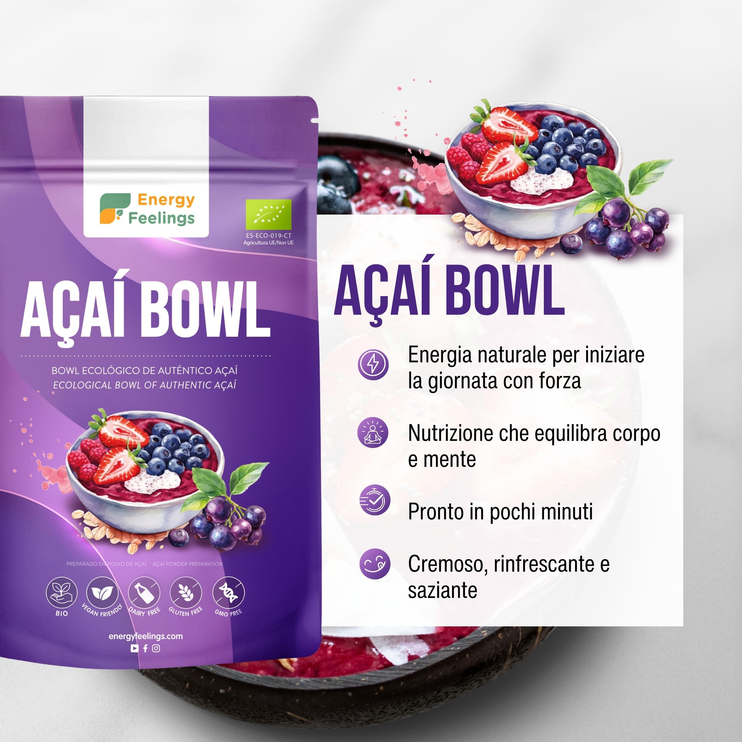 Energy Feelings Preparato per Acai Bowl Bio. Con Bacche di Acai in Polvere, Avena, Cocco... Frutta Liofilizzata Senza Zucchero Aggiunto con proprietà Antiossidanti. 500 G