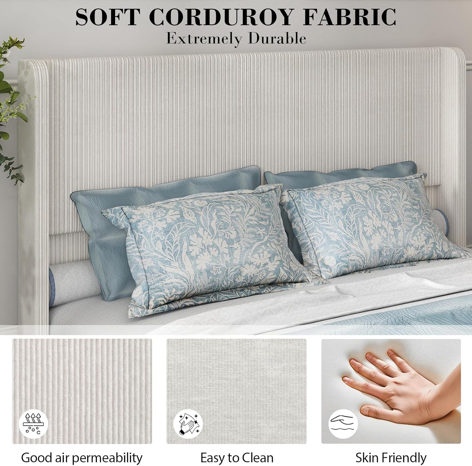 King Size Upholstered Bed Frame, Soft Corduroy Platform Bed with 47" Luxury Wingback Headboard, Heavy Duty Metal Frame, No Box Spring Needed, Easy Assembly, Noise Free, Cream