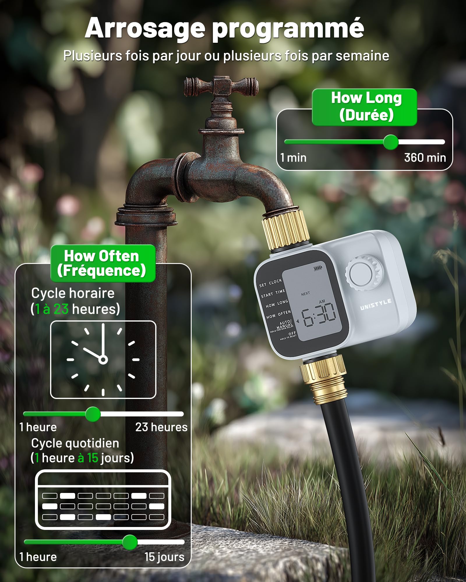 Programmateur Arrosage Unistyle | Nouvelle édition 2026 – Arrosage Automatique du Jardin, Utilisation Simple et Intuitive, Raccord en Laiton, Indice de Protection IP55, Programmes Arrosage Flexibles