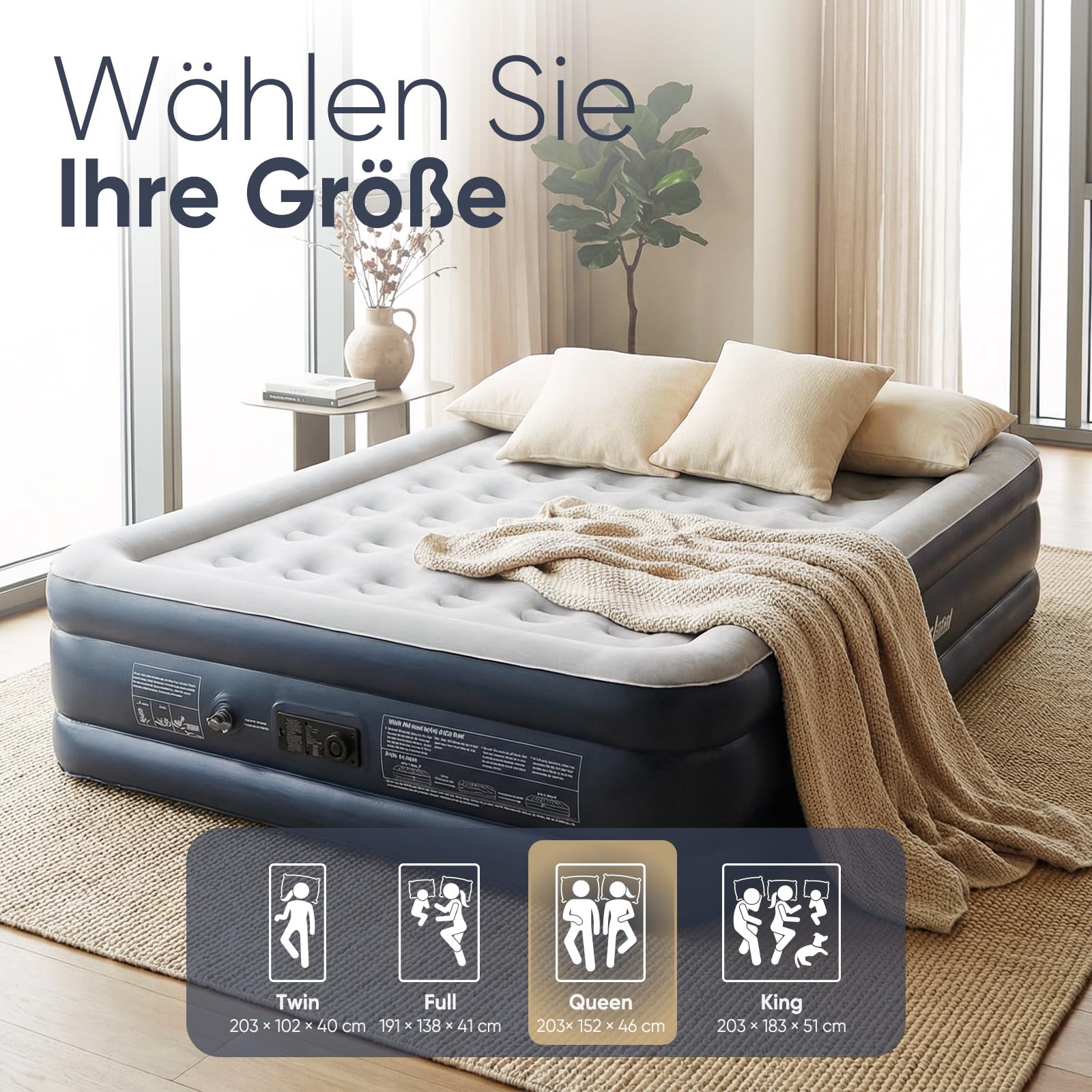 Sekey Materasso Gonfiabile Matrimoniale XXL 203×152×46 cm, Letto ad Aria Alto con Pompa Elettrica Integrata, Durezza Regolabile, Letto Ospiti Stabile e Gonfiaggio Rapido