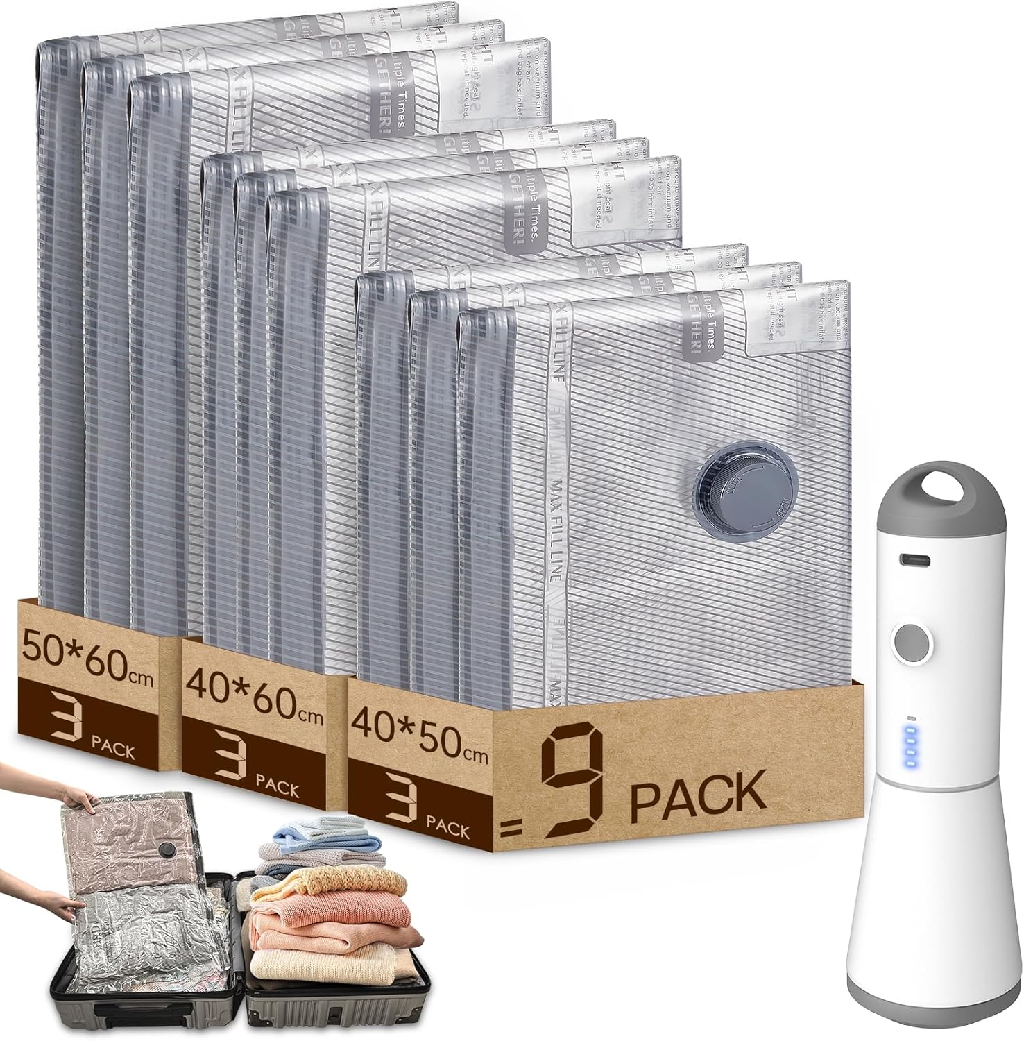 Vacbird Vacuum Bag for Clothes Vacuum Cleaner with Electric Cordless Vacuum Pump, Pack of 9 (3 x 40 x 50 cm, 3 x 40 x 60 cm, 3 x 50 x 60 cm), Reusable Vacuum Storage Bag for Sweaters, Shirts, Travel Vacbird Vacuum Bag for Clothes Vacuum Cleaner with Electric Cordless Vacuum Pump, Pack of 9 (3 x 40 x 50 cm, 3 x 40 x 60 cm, 3 x 50 x 60 cm), Reusable Vacuum Storage Bag for Sweaters, Shirts, Travel