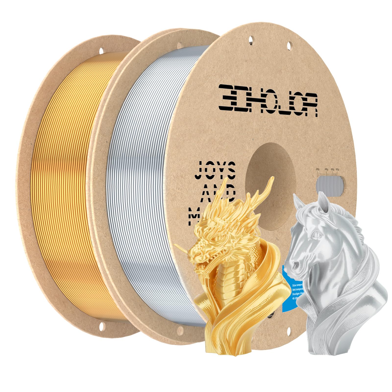 3DHojor Filamento PLA de seda de 1.75 mm, paquete de 2 unidades plateado y dorado, 1 kg/carrete, precisión dimensional +/- 0.03 mm, se adapta a la mayoría de impresoras FDM