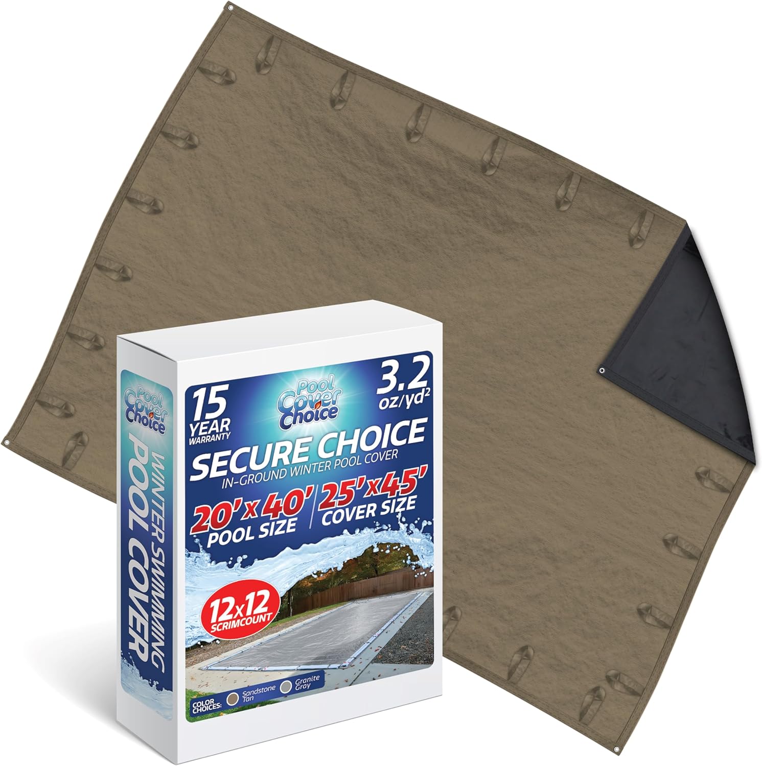 Winter Swimming Pool Cover for 20 ft x 40 ft Inground Rectangular Pool Size, Secure Choice Series, Solid Material, Color - Sandstone Tan, Pool Cover Choice 572040RCHOICE