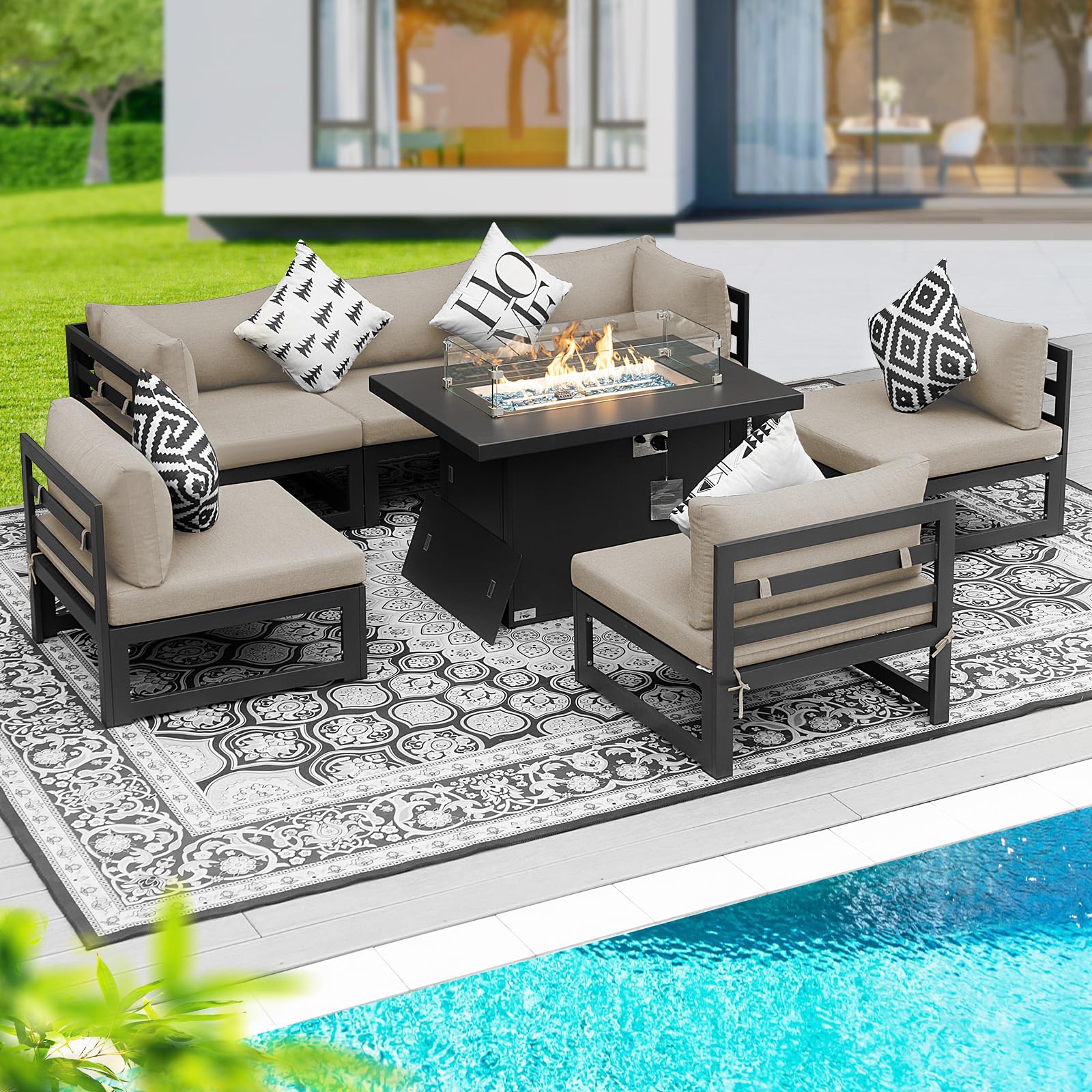BULEXYARD 6 Person Large Modern Aluminum Outdoor Patio Furniture Set with Fireplace, 29" Wide Deep Seating, U Shaped Combo Sectional Couch, Water