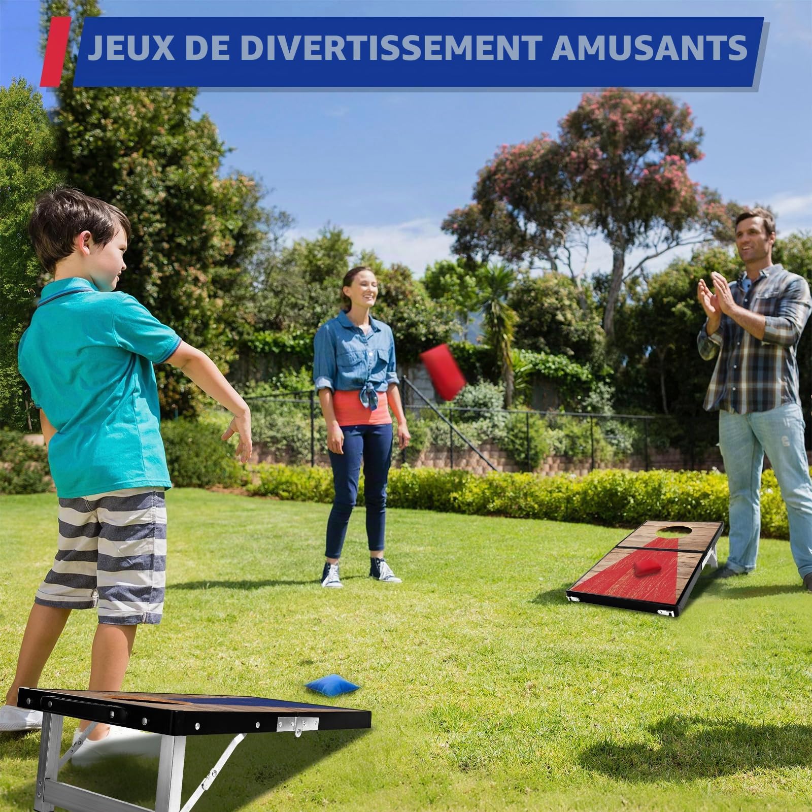 NZQXJXZ Jeu de Cornhole en Aluminium Durable pour l'extérieur, avec Sacs à fèves et Un Sac de Transport, pour Le Jardin, la pelouse ou la Plage Kit de Jeu de Plein air 2-en-1 Pliable pour Le Camping