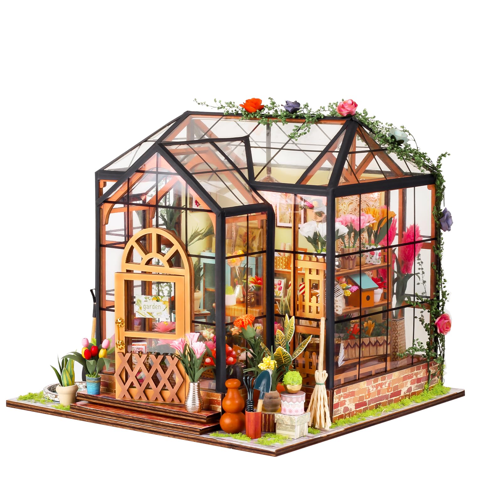 HooySprsDIY Miniature Dollhouse Kit, Mini House Kit with Furniture, 1:24 Scale Wooden Greenhouse Craft Kit for Women Girls Boys Present Birthday Valentine, Jenny's Flower Greenhouse