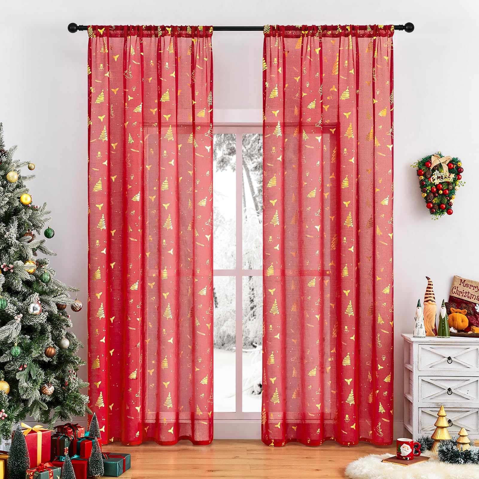 Softalker Visillos navideños cortos con barra, aspecto de lino, 160 x 140 cm (alto x ancho), transparente, para barra de cortina, decoración, salón, dormitorio, cocina