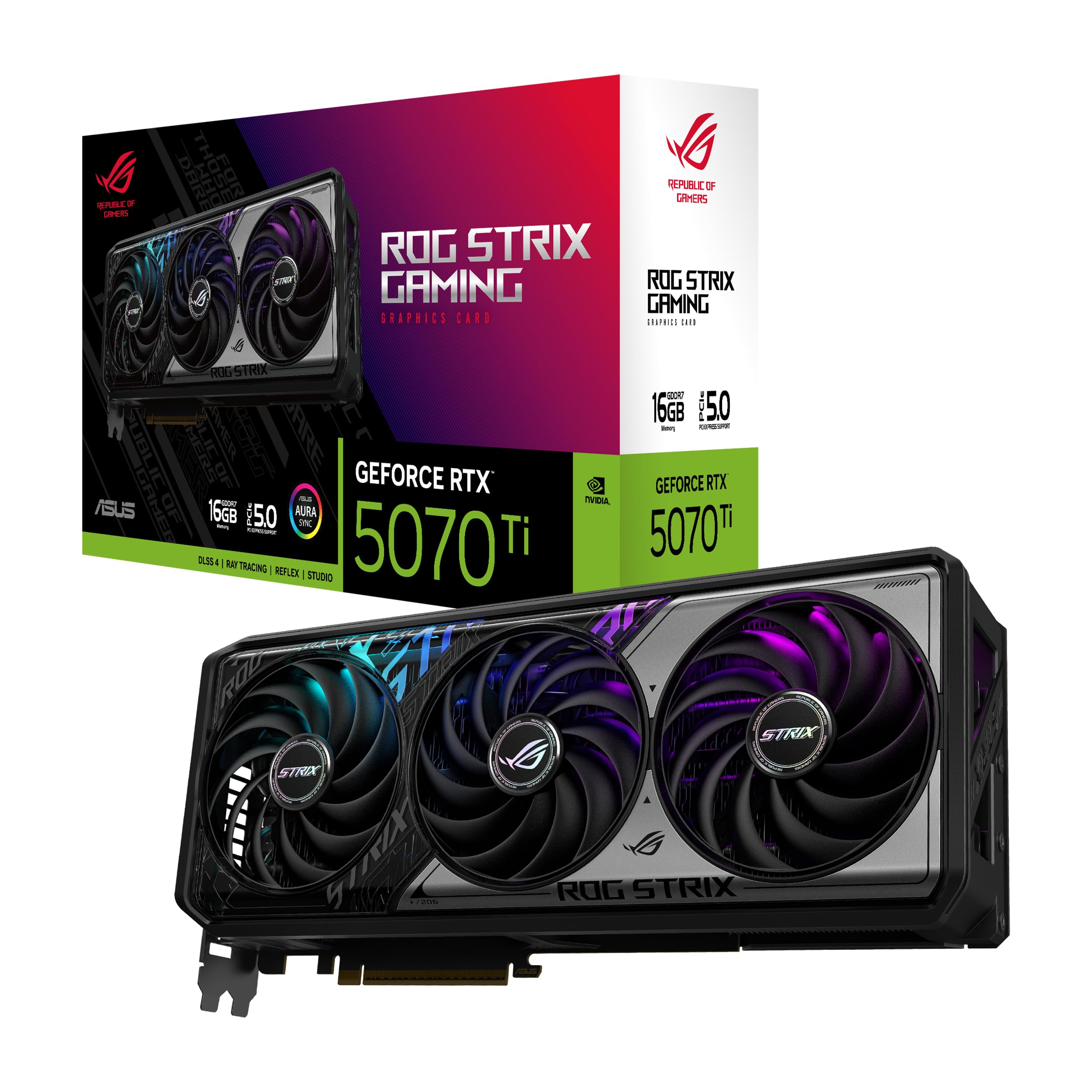 asus rog strix geforce rtx 5070 ti oc 16gb gddr7 graphics card(pcie 5.0, hdmi/dp 2.1, 3.2-slot, axial-tech fans, vapor chamber maxcontact design, phase-change gpu thermal pad, aura sync)