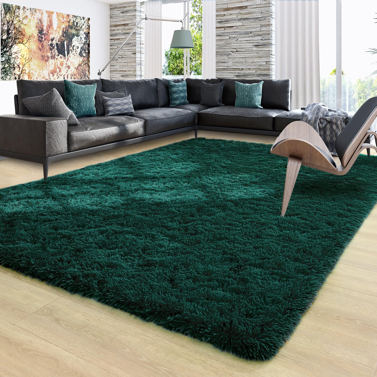 Ompaa Dark Green Rug 6x9 Fluffy Emerald Area Rugs for Bedroom Living Room Carpet, Non-Slip High Pile, Modern Fuzzy Shaggy Deep Grass Green Rug for Classroom Kids Playroom Nursery Home Office Decor